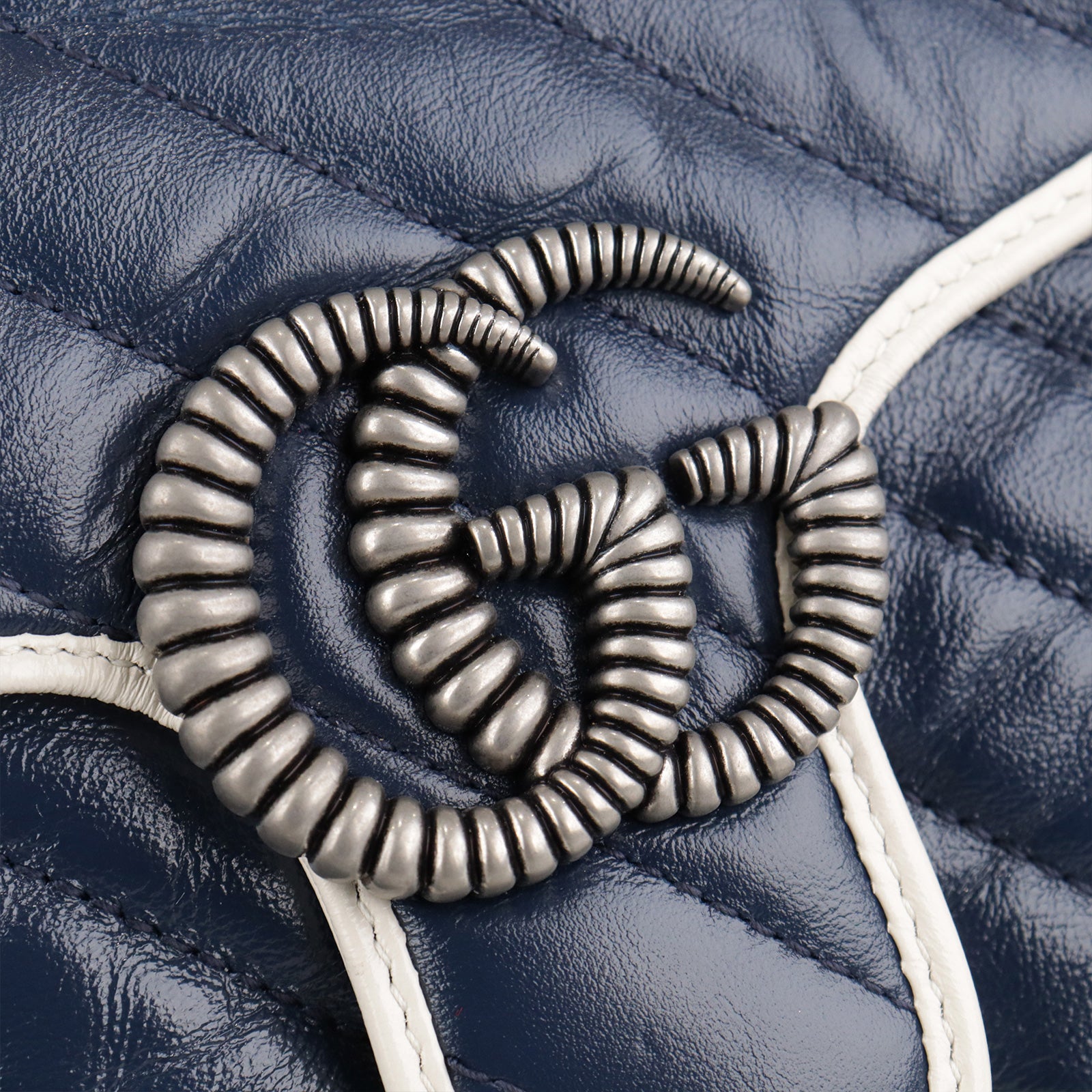 GUCCI Calf Leather GG Marmont Silver Buckle Shoulder Bag Blue/White