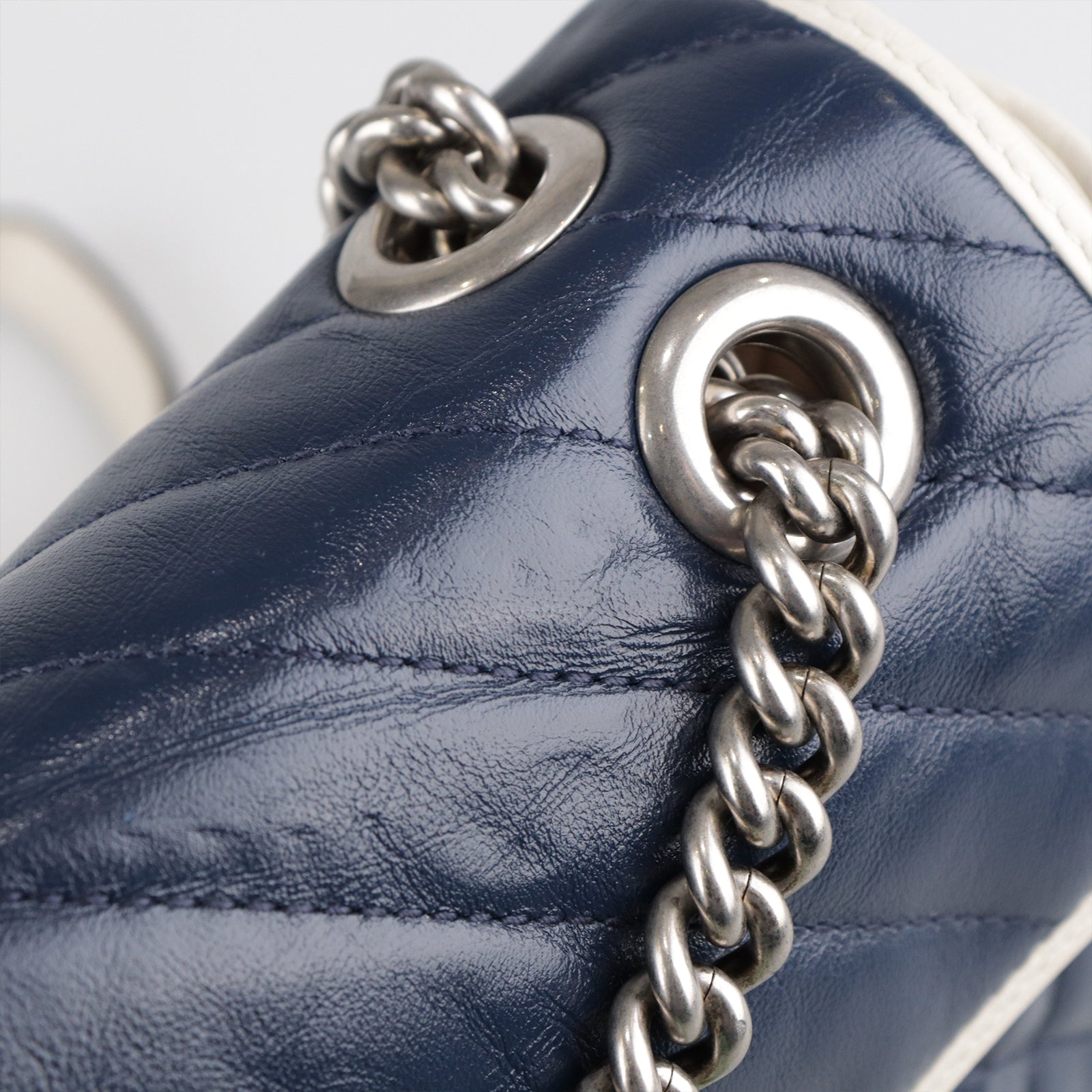 GUCCI Calf Leather GG Marmont Silver Buckle Shoulder Bag Blue/White
