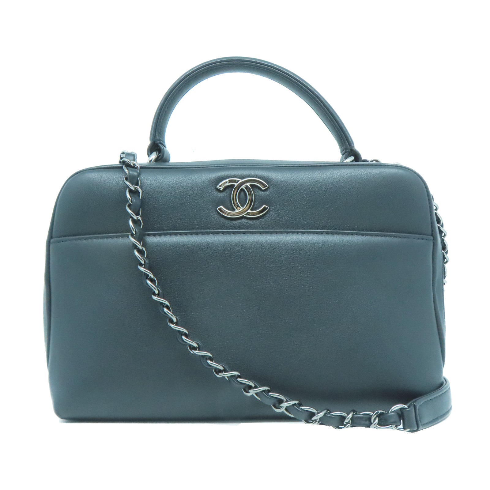 CHANEL 【激減優惠】羊皮皮革Chain Shoulder銀扣手挽肩背兩用袋黑色