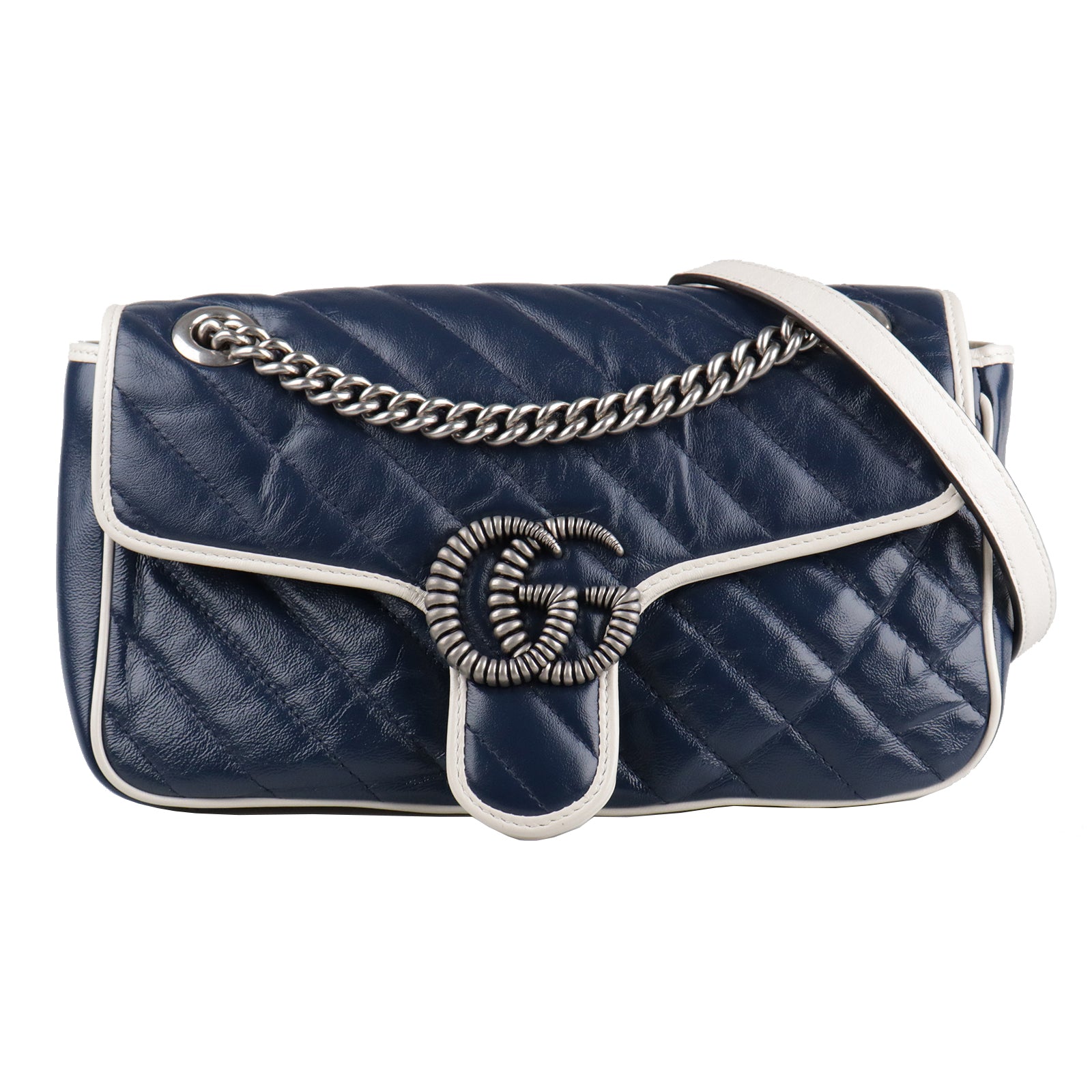GUCCI Calf Leather GG Marmont Silver Buckle Shoulder Bag Blue/White
