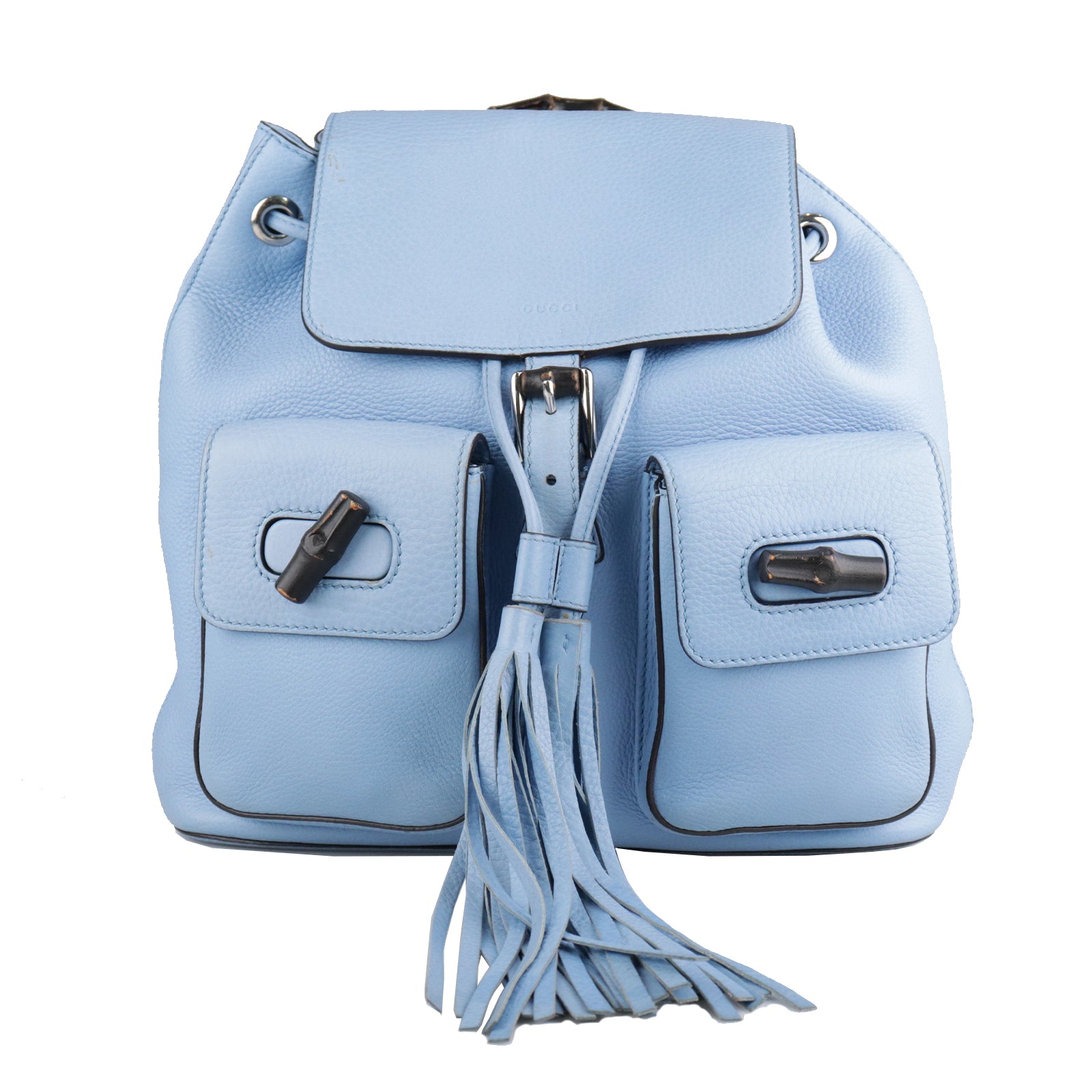 GUCCI cowhide leather Bamboo Backpack silver buckle backpack blue