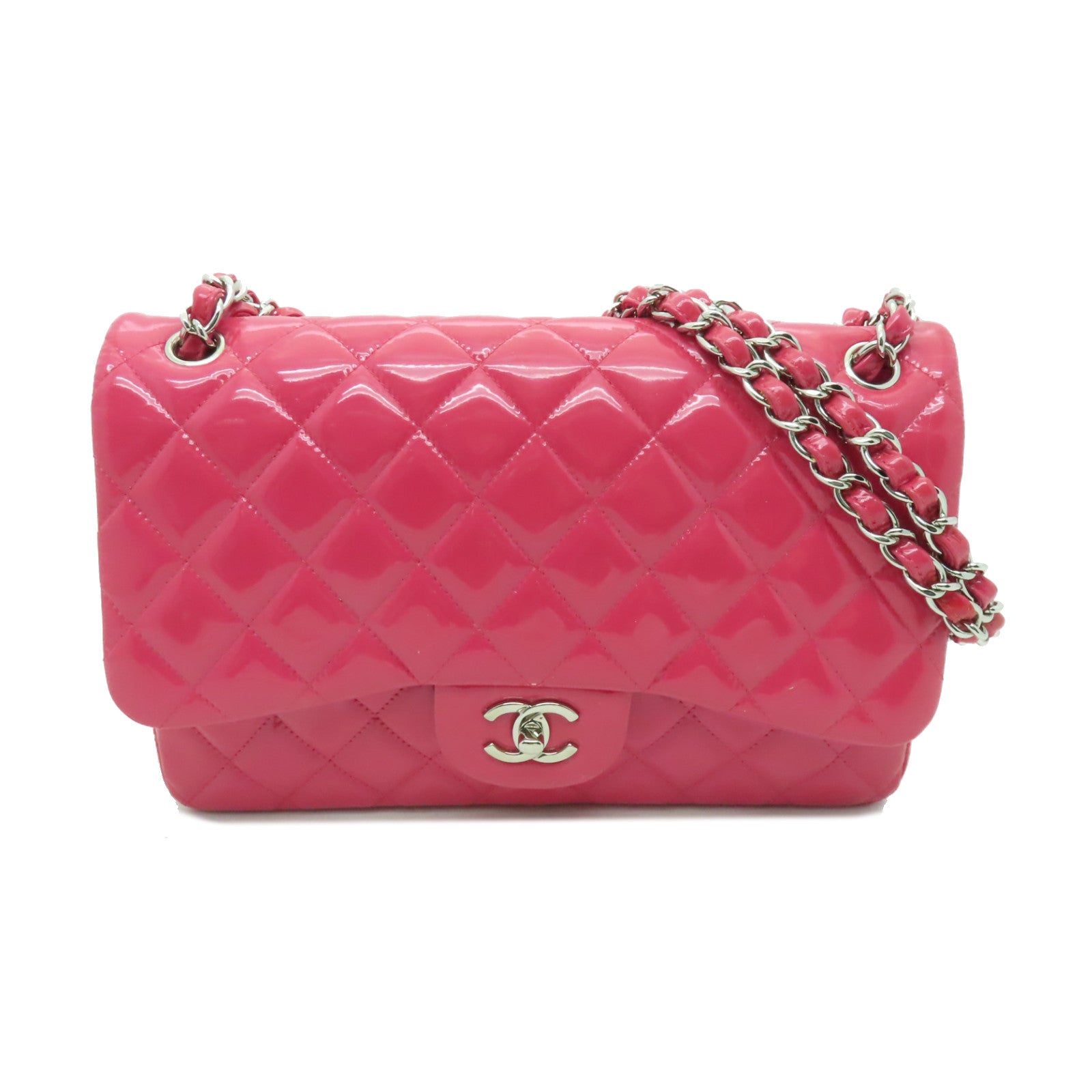 CHANEL **【激減優惠】菱格漆皮皮革Chain Shoulder Bag銀扣鏈帶肩背袋粉紅色