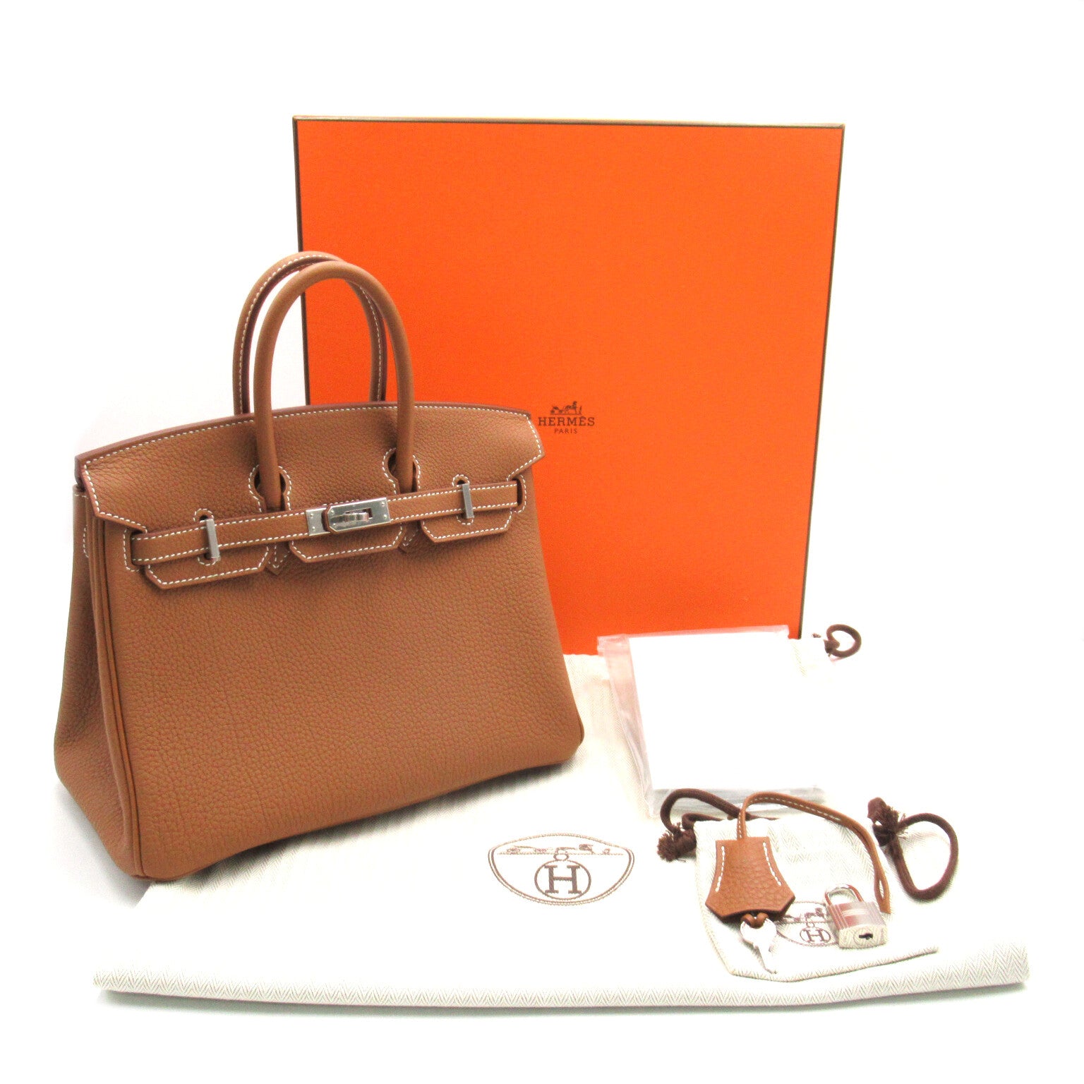 HERMES Togo Leather Birkin 25 Silver Buckle Hand Bag Gold/Brown