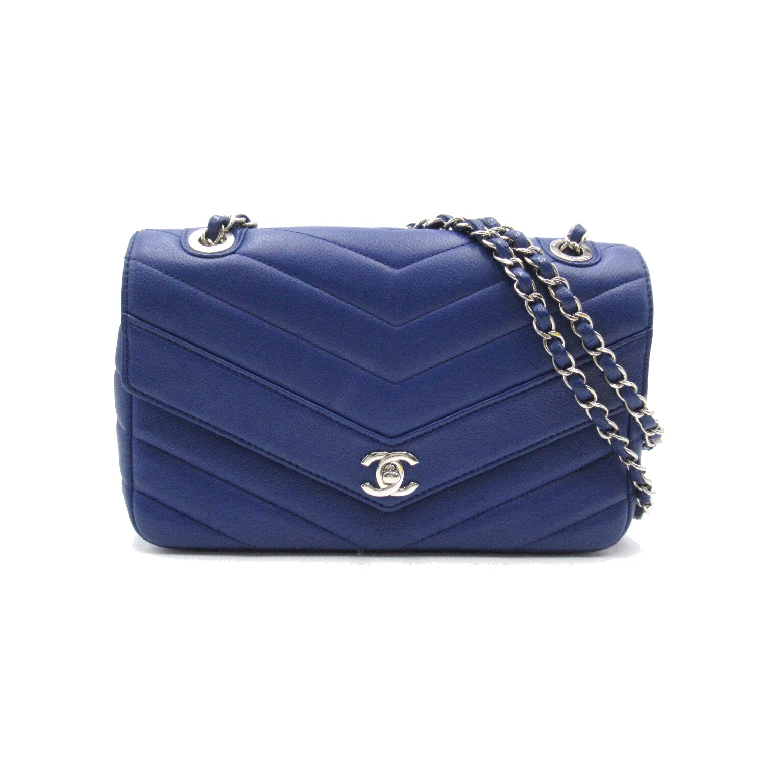 CHANEL 【激減優惠】斜紋Caviar皮革Chain Shoulder銀扣肩背袋藍色