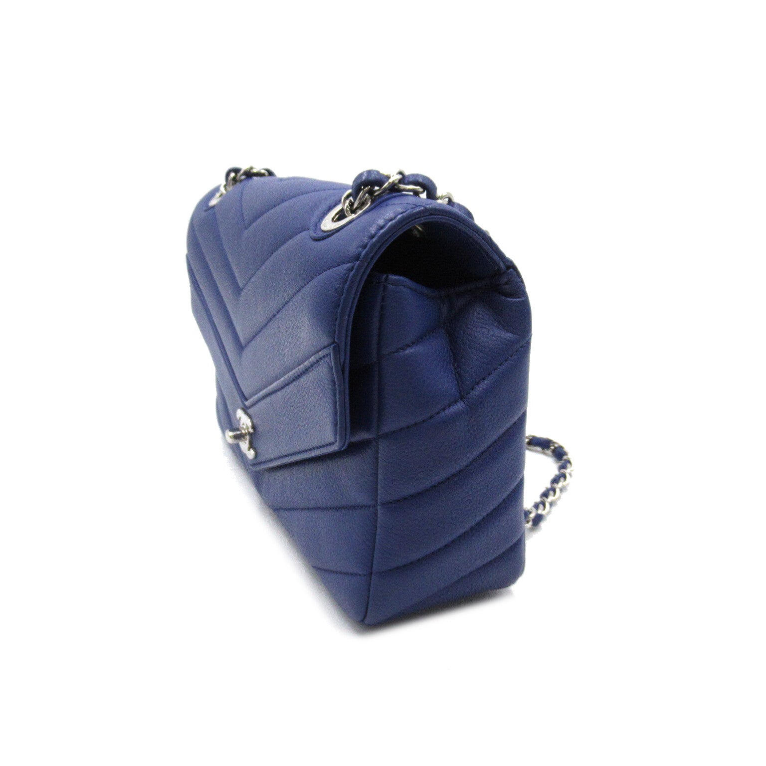 CHANEL 【激減優惠】斜紋Caviar皮革Chain Shoulder銀扣肩背袋藍色