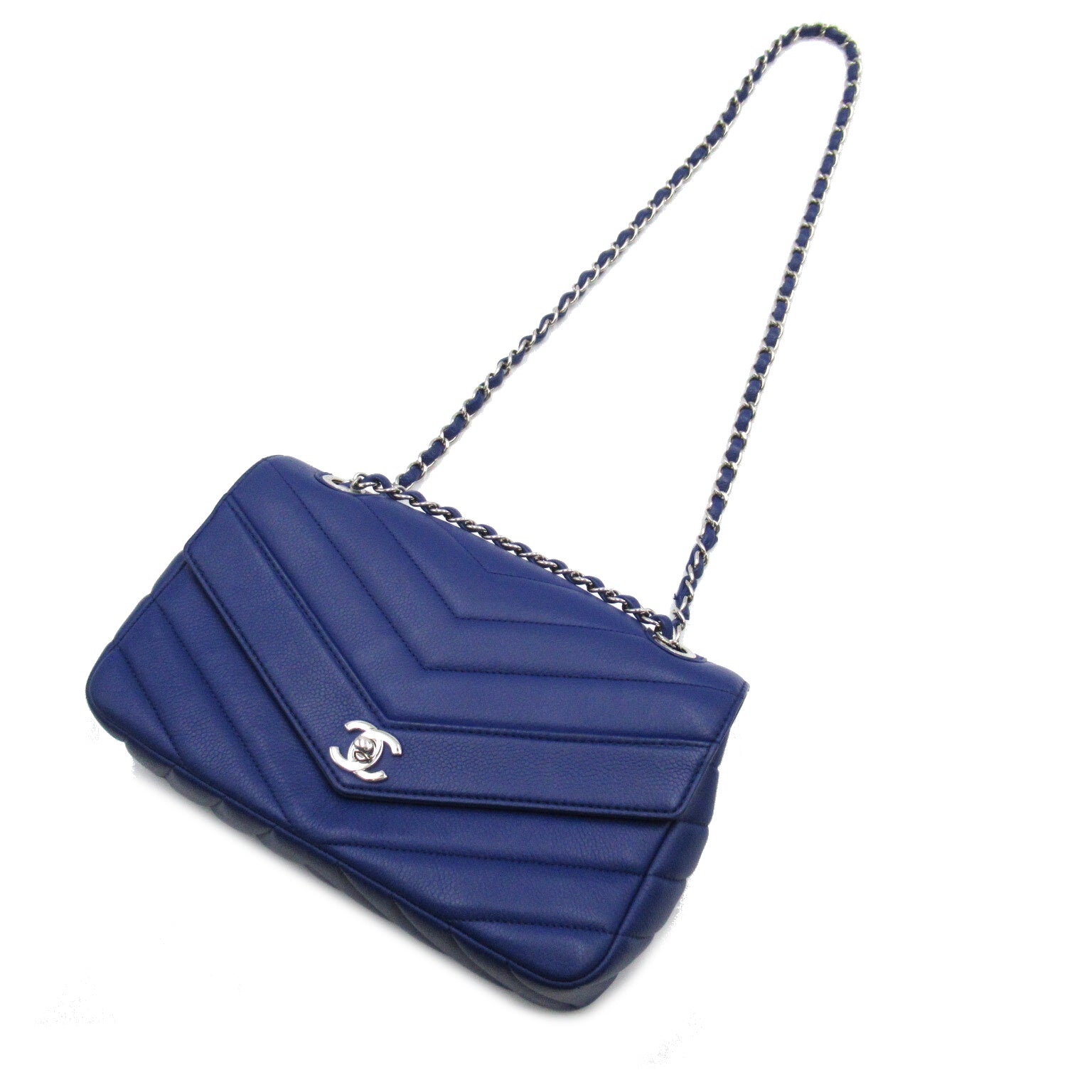 CHANEL 【激減優惠】斜紋Caviar皮革Chain Shoulder銀扣肩背袋藍色