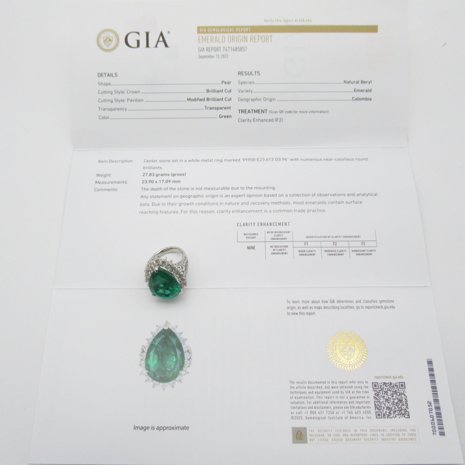 JEWELRY 【激減優惠】PT900鉑金Emerald Ring 23.613ct綠寶石/3.96ct鑽石戒指US#7.25