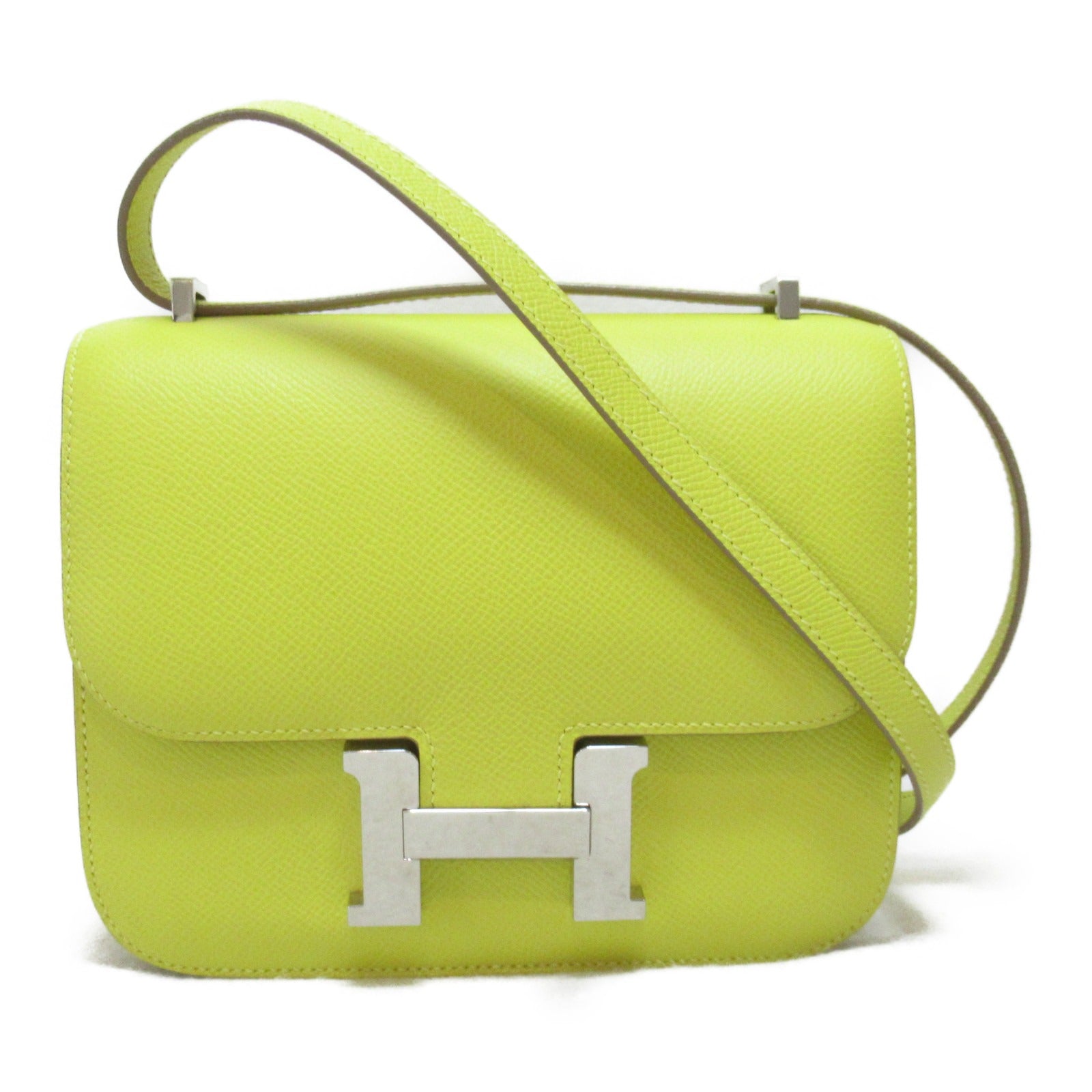 HERMES 【激減優惠】Epsom皮革Mini Constance銀扣肩背袋Lime檸檬黃色