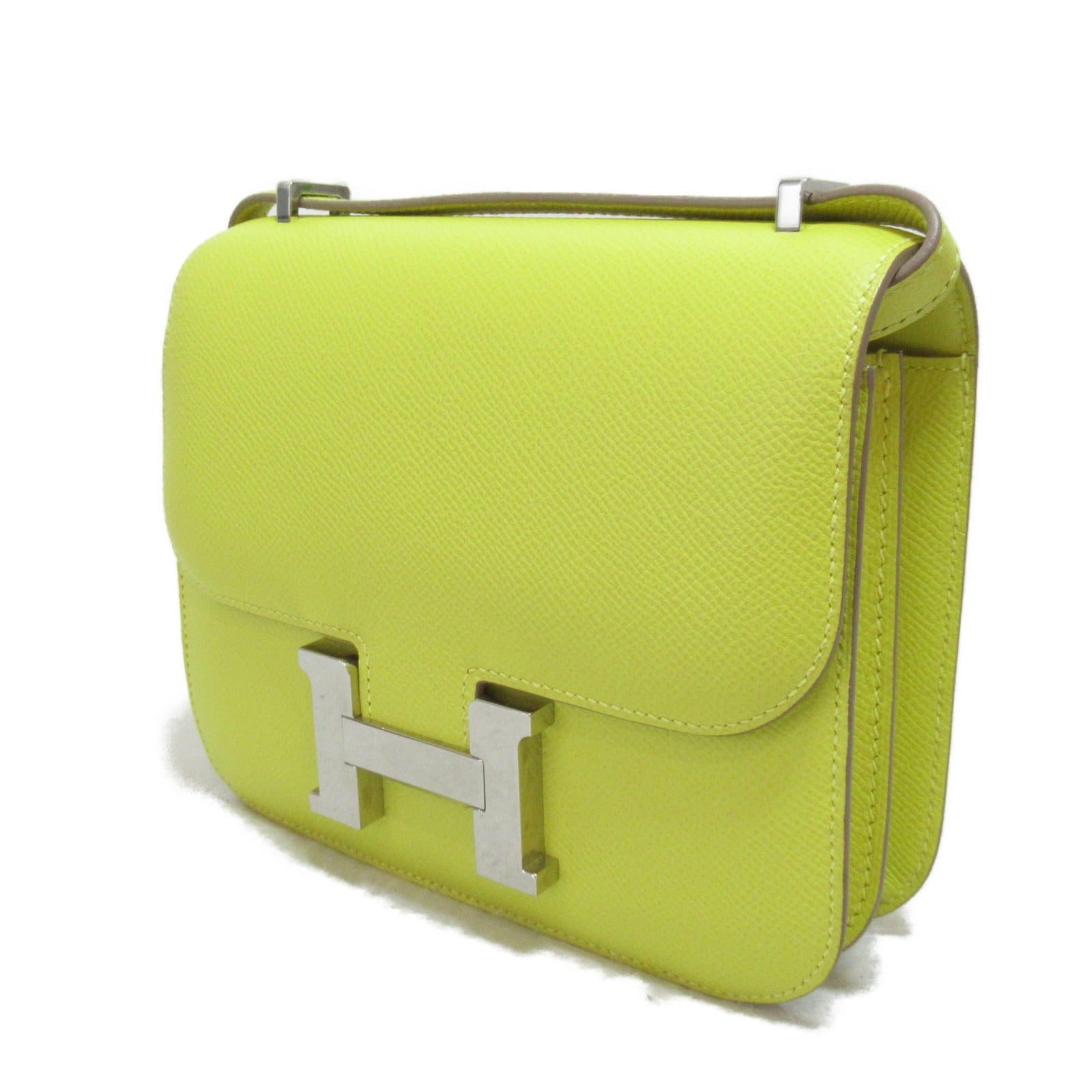 HERMES 【激減優惠】Epsom皮革Mini Constance銀扣肩背袋Lime檸檬黃色
