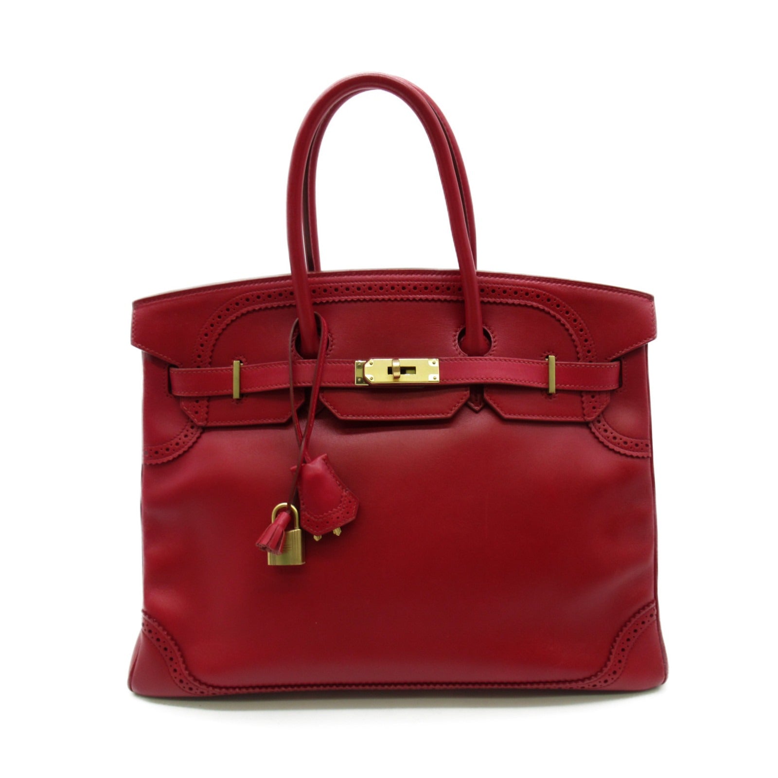 HERMES 【激減優惠】Box Calf皮革Birkin Ghillies 35金扣手挽袋紅色