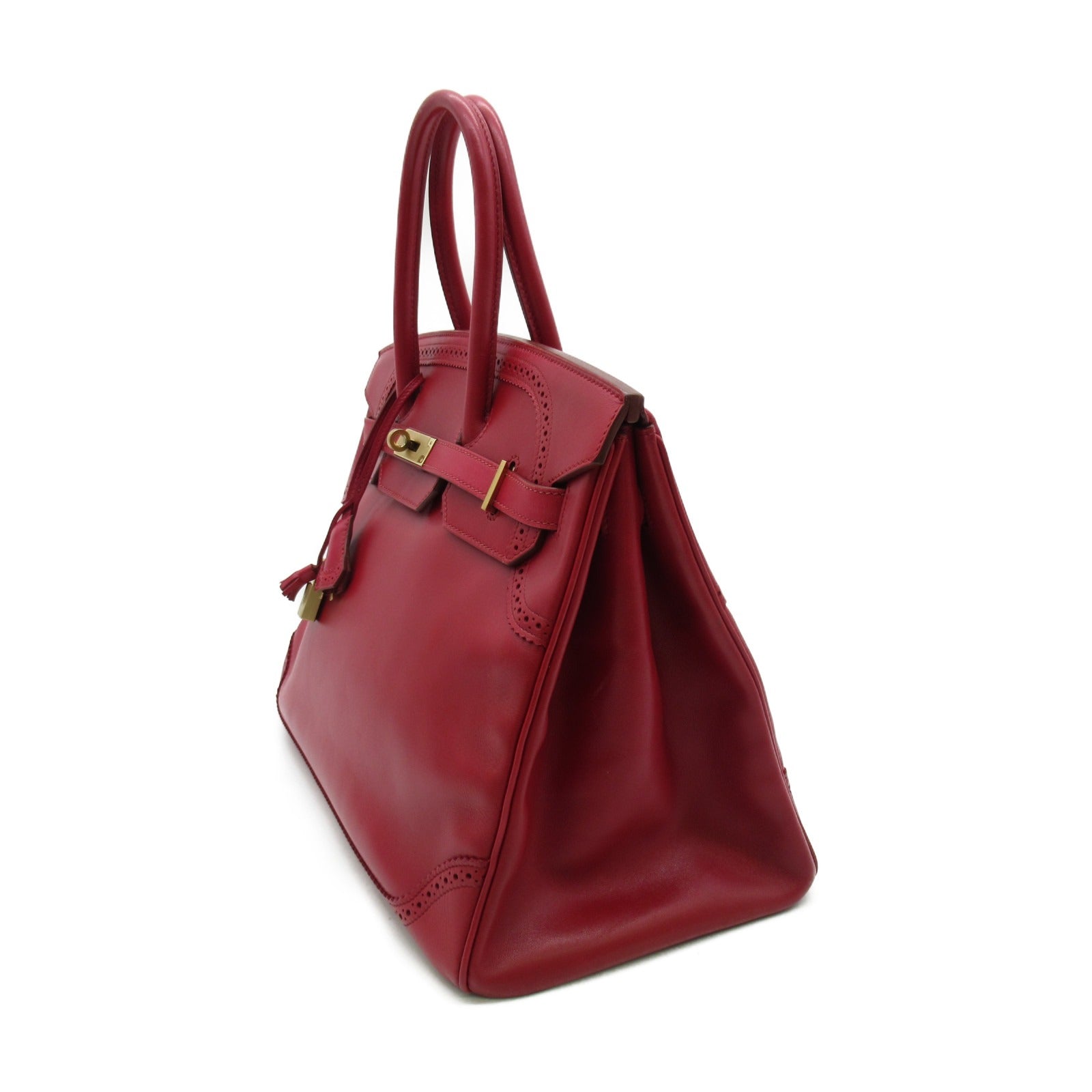 HERMES 【激減優惠】Box Calf皮革Birkin Ghillies 35金扣手挽袋紅色