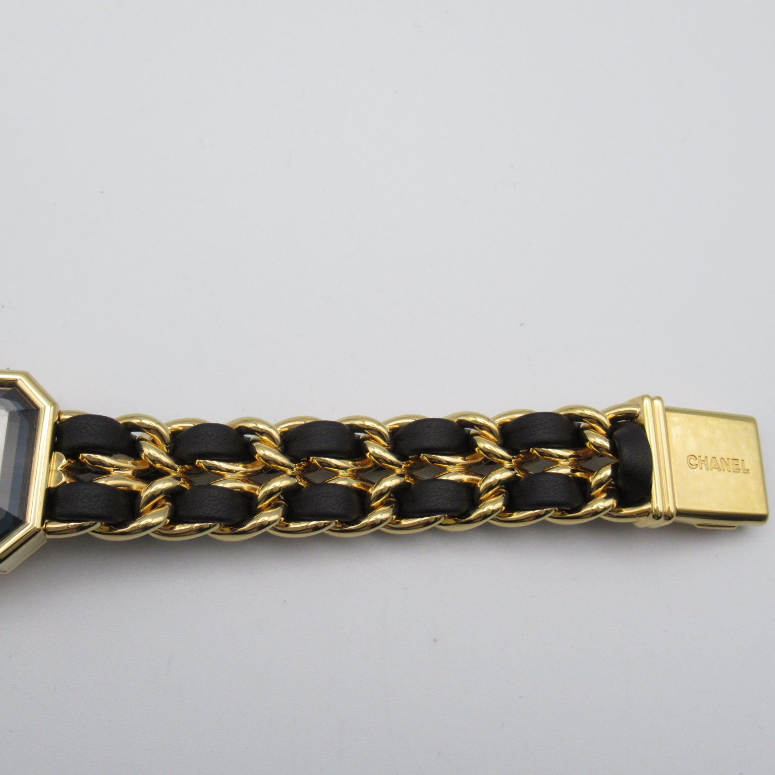 CHANEL Premiere L鍍金/皮革帶手錶石英機芯黑色