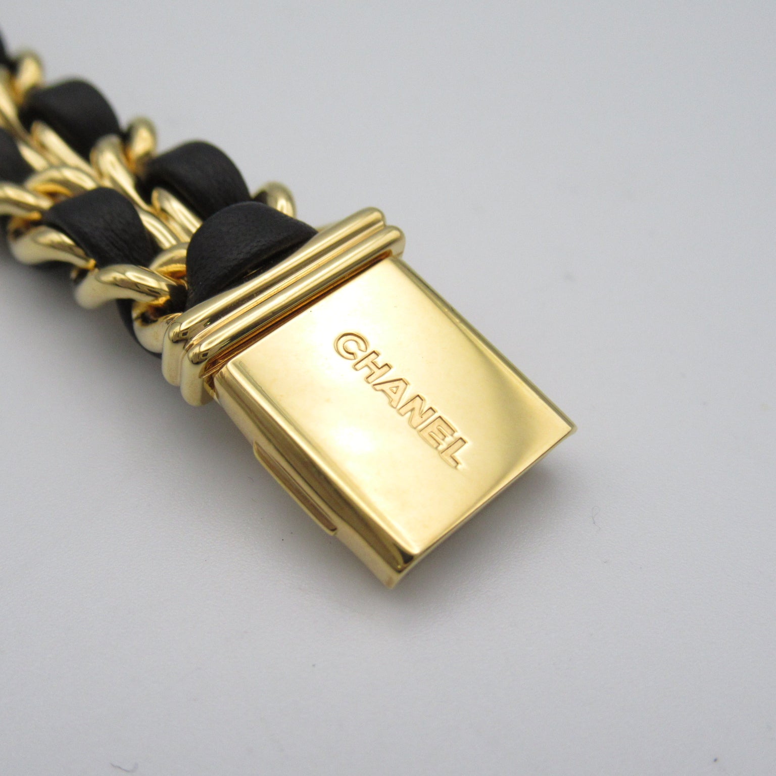 CHANEL Premiere L鍍金/皮革帶手錶石英機芯黑色