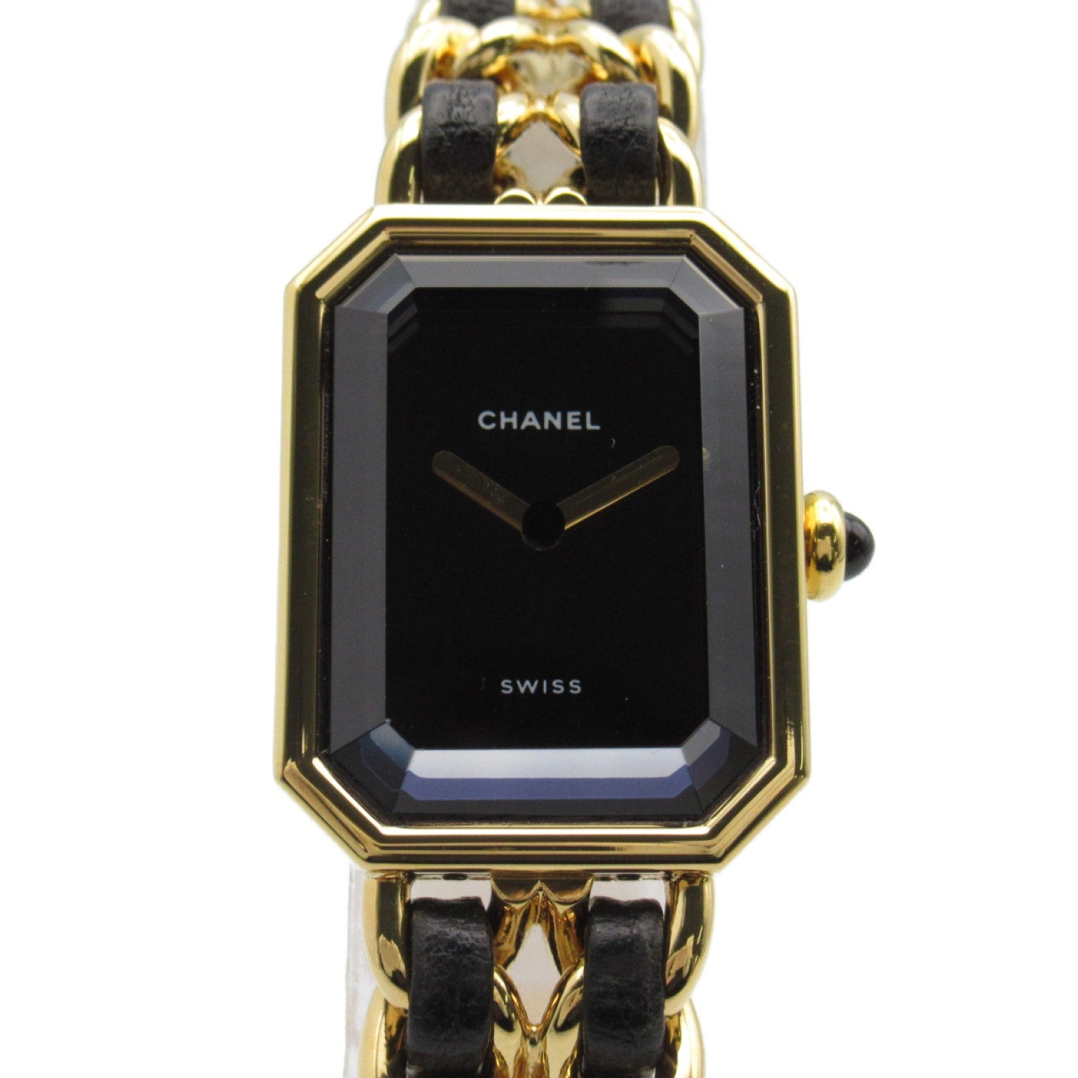 CHANEL Premiere L鍍金/皮革帶手錶石英機芯黑色