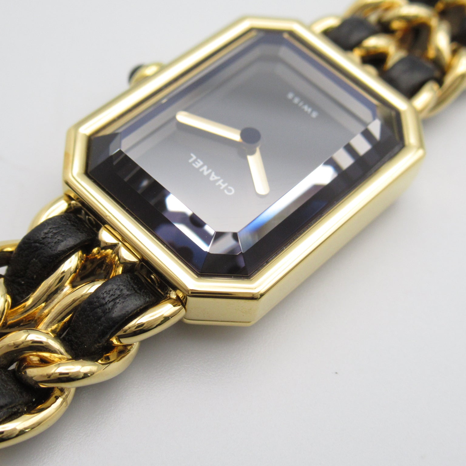 CHANEL Premiere L鍍金/皮革帶手錶石英機芯黑色