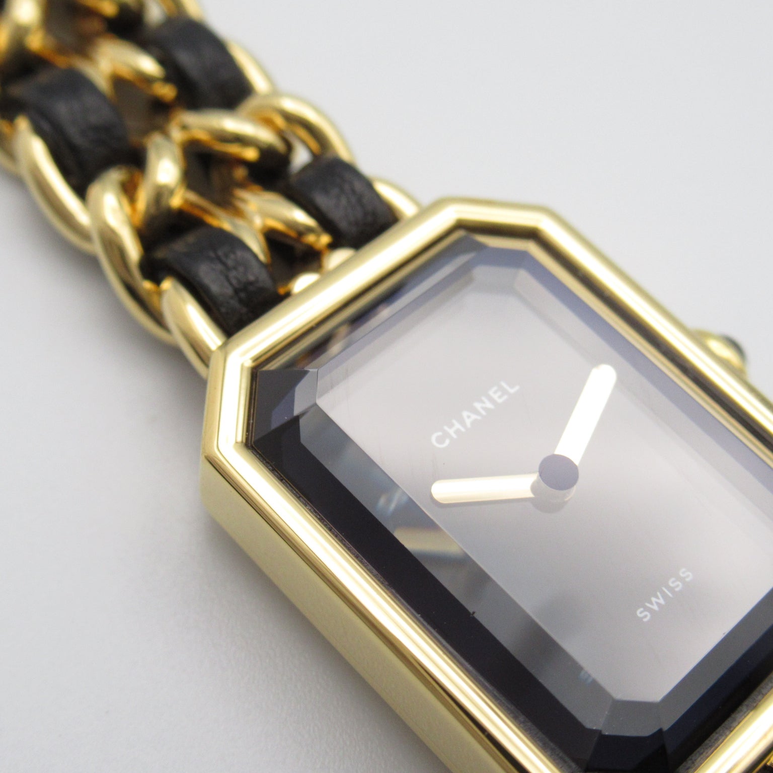 CHANEL Premiere L鍍金/皮革帶手錶石英機芯黑色