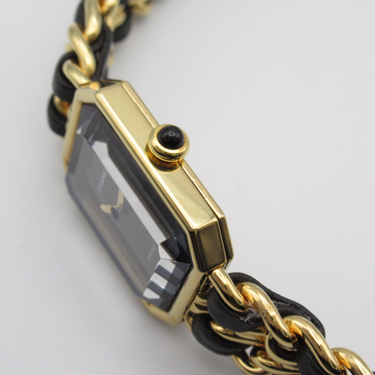 CHANEL Premiere L鍍金/皮革帶手錶石英機芯黑色