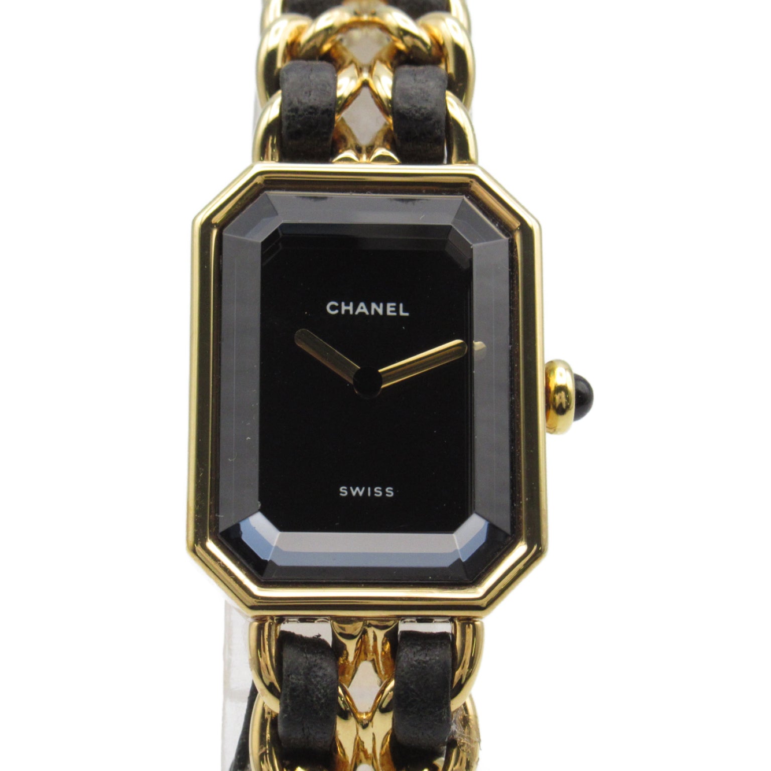 CHANEL Premiere L鍍金/皮革帶手錶石英機芯黑色