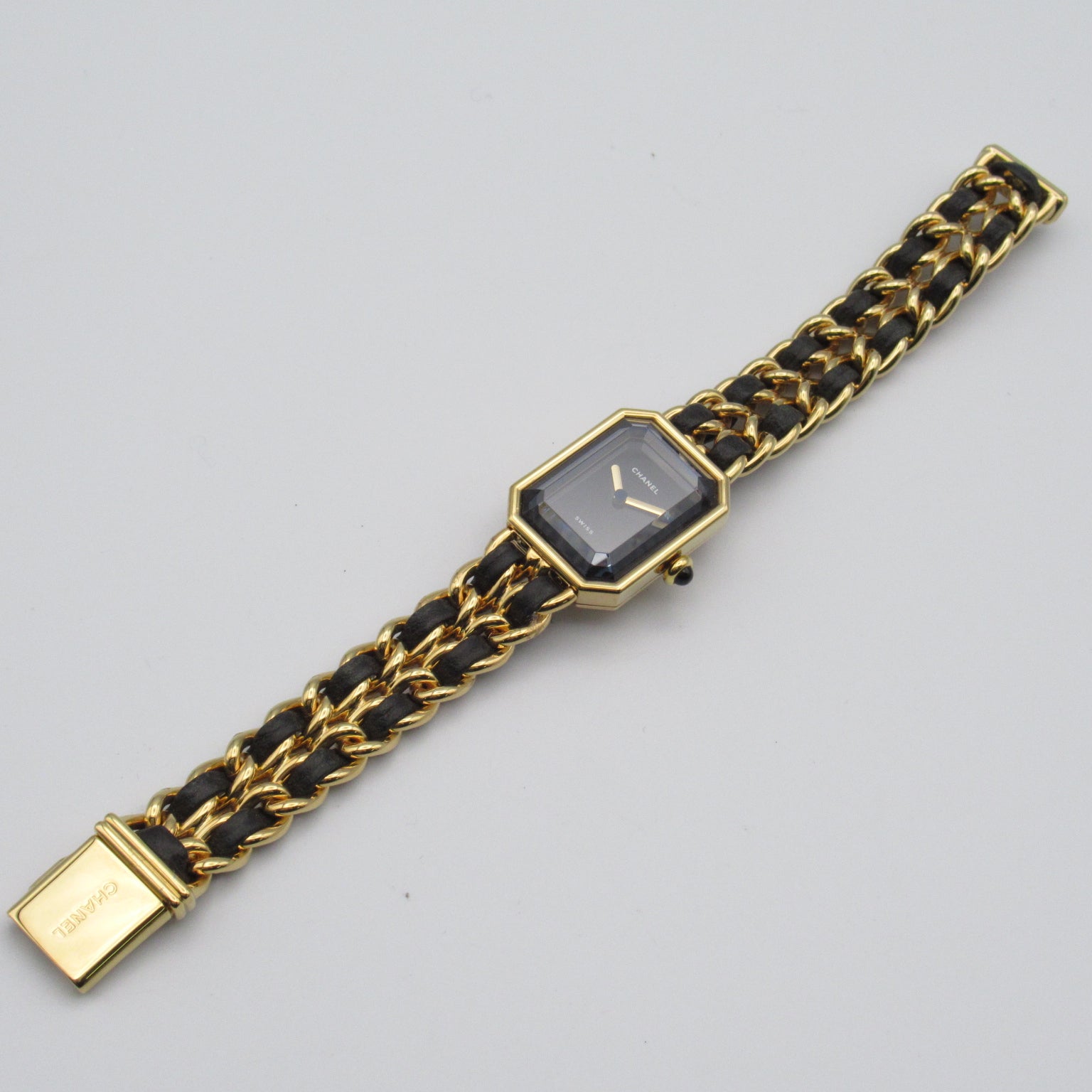 CHANEL Premiere L鍍金/皮革帶手錶石英機芯黑色