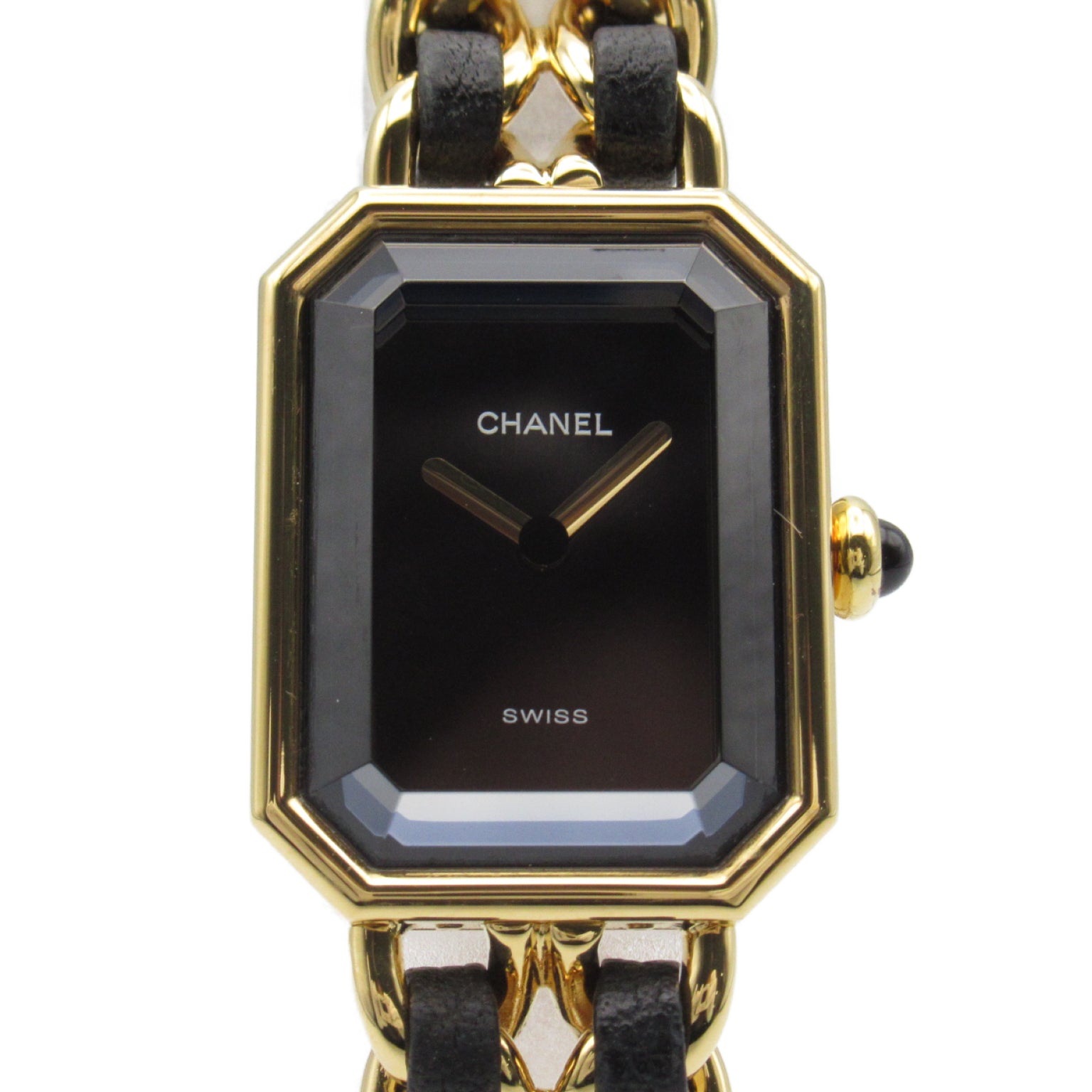 CHANEL Premiere L鍍金/皮革帶手錶石英機芯黑色