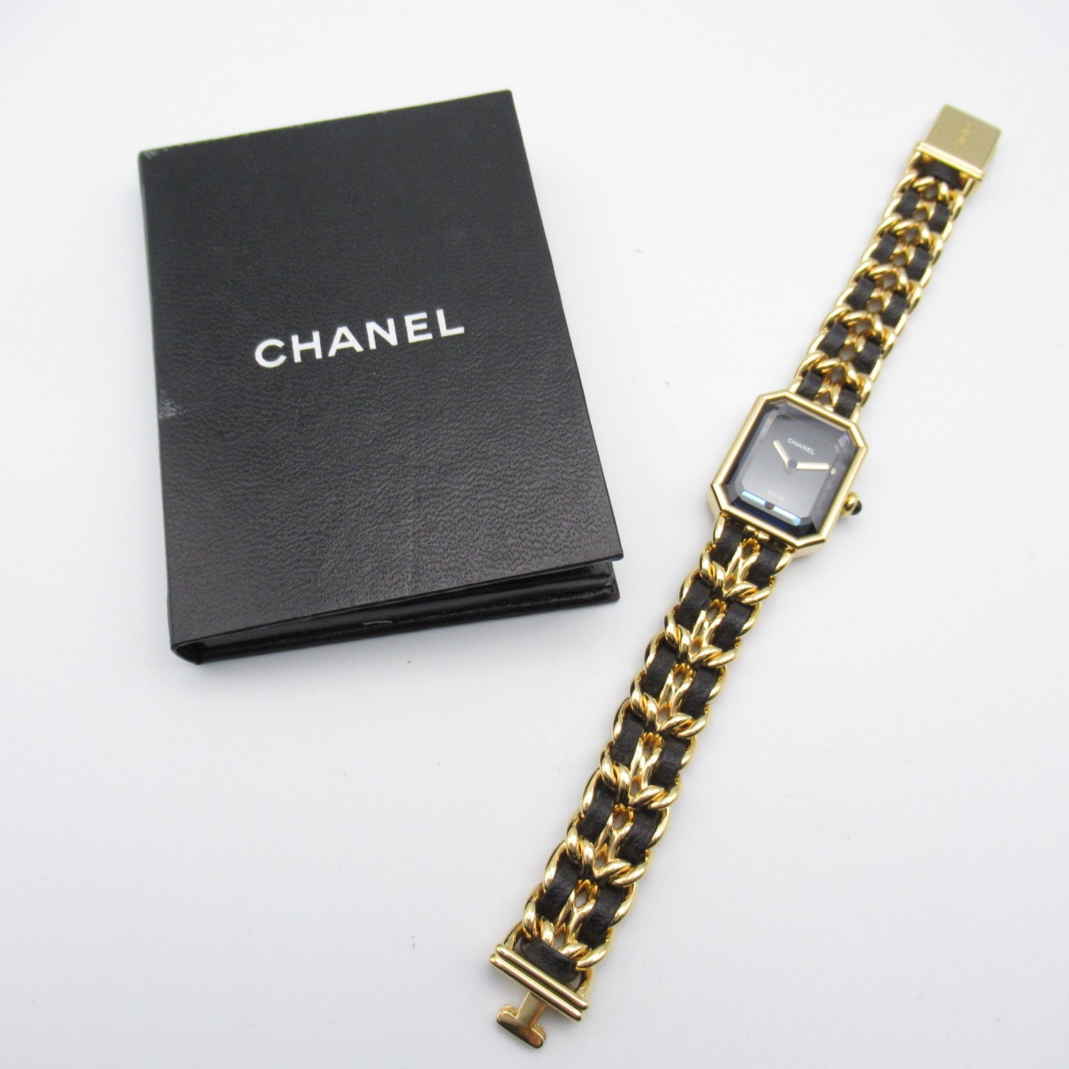 CHANEL Premiere L鍍金/皮革帶手錶石英機芯黑色