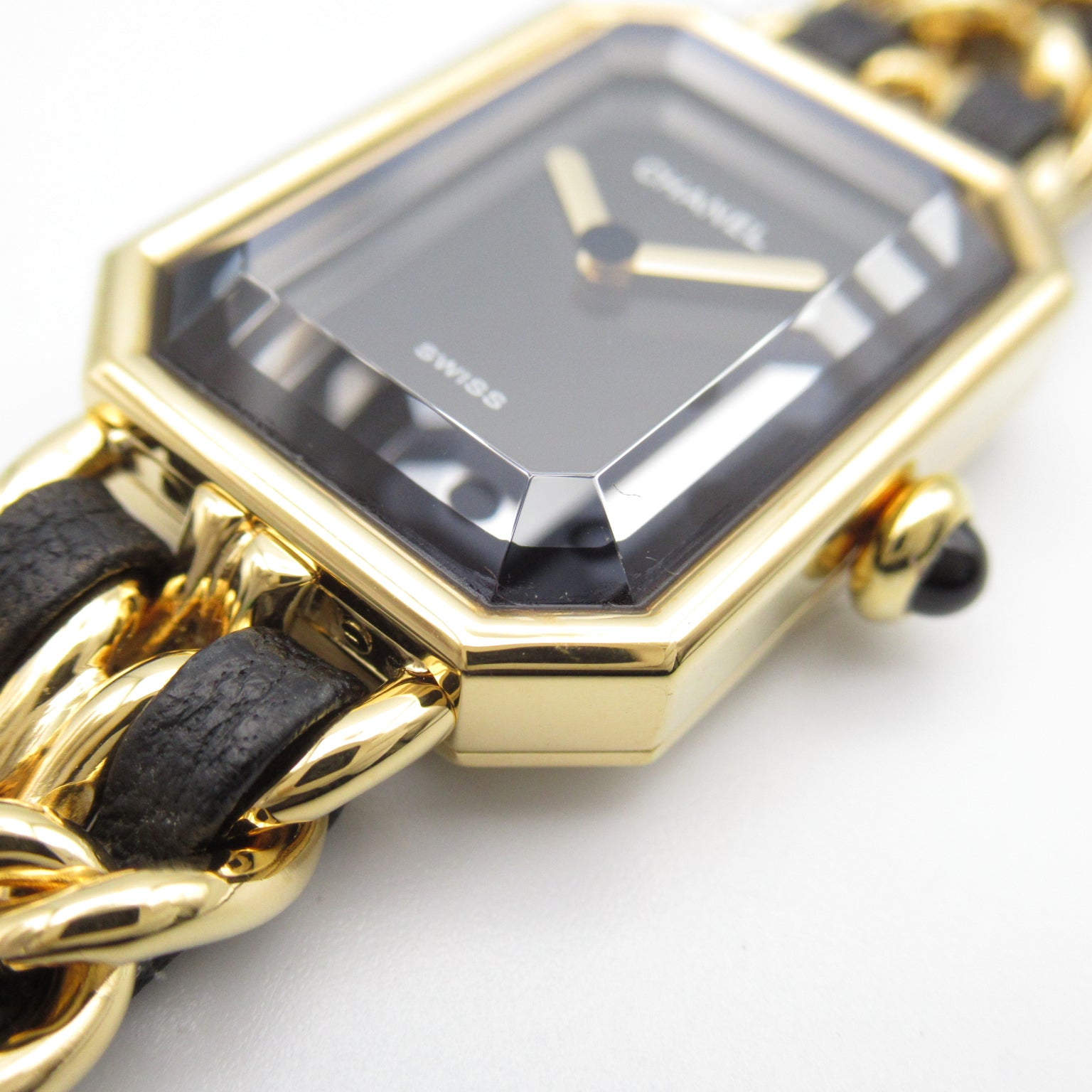 CHANEL Premiere L鍍金/皮革帶手錶石英機芯黑色