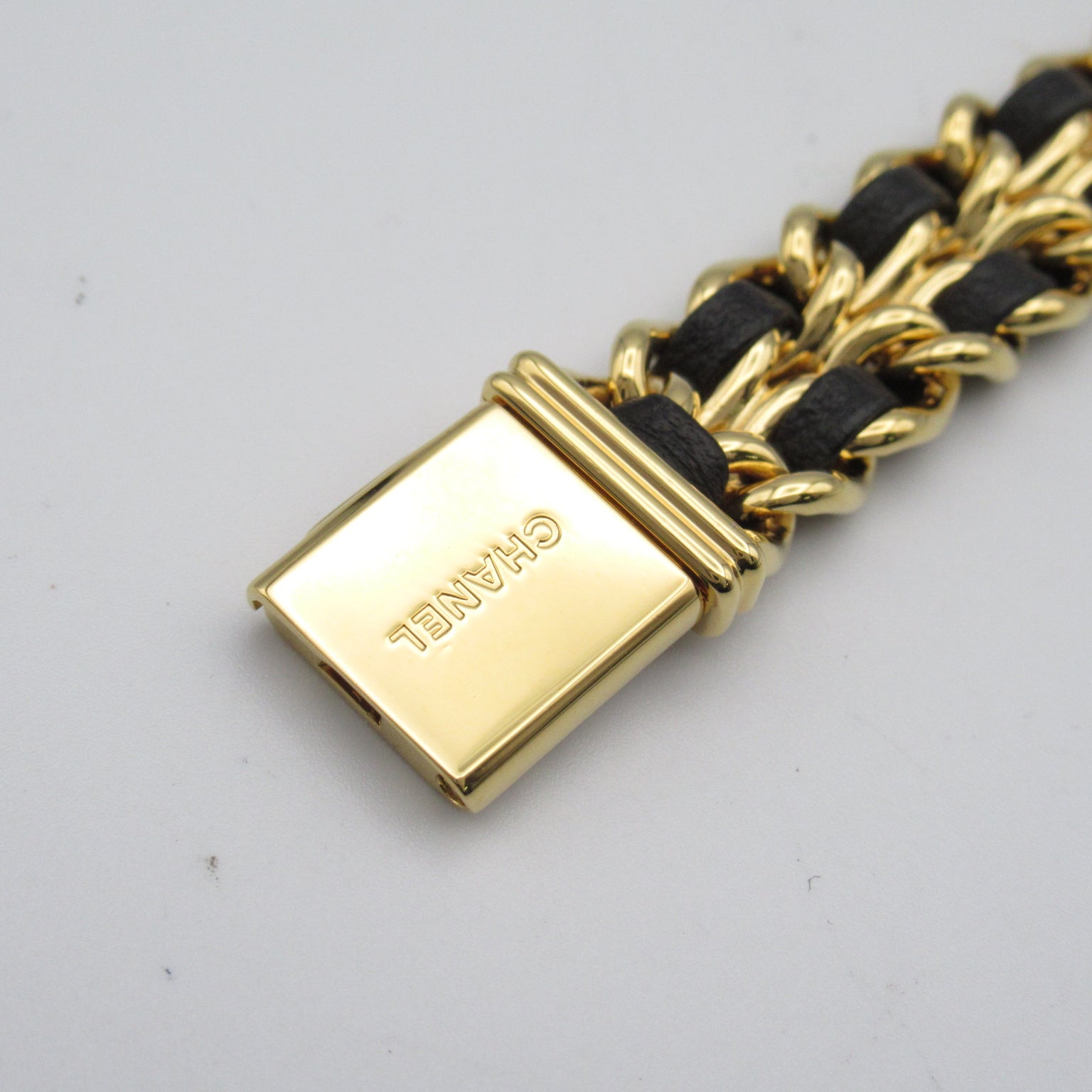 CHANEL Premiere L鍍金/皮革帶手錶石英機芯黑色