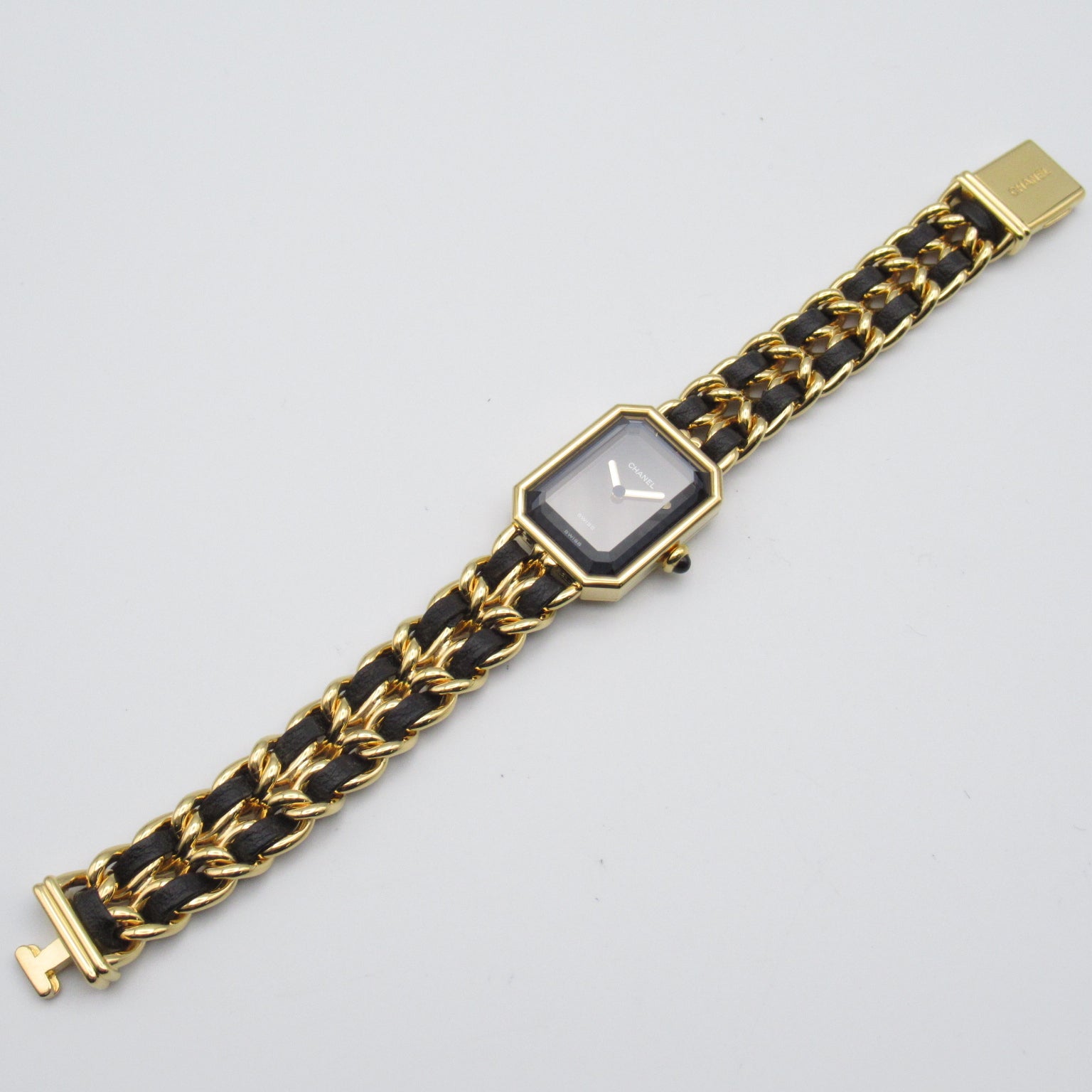 CHANEL Premiere L鍍金/皮革帶手錶石英機芯黑色