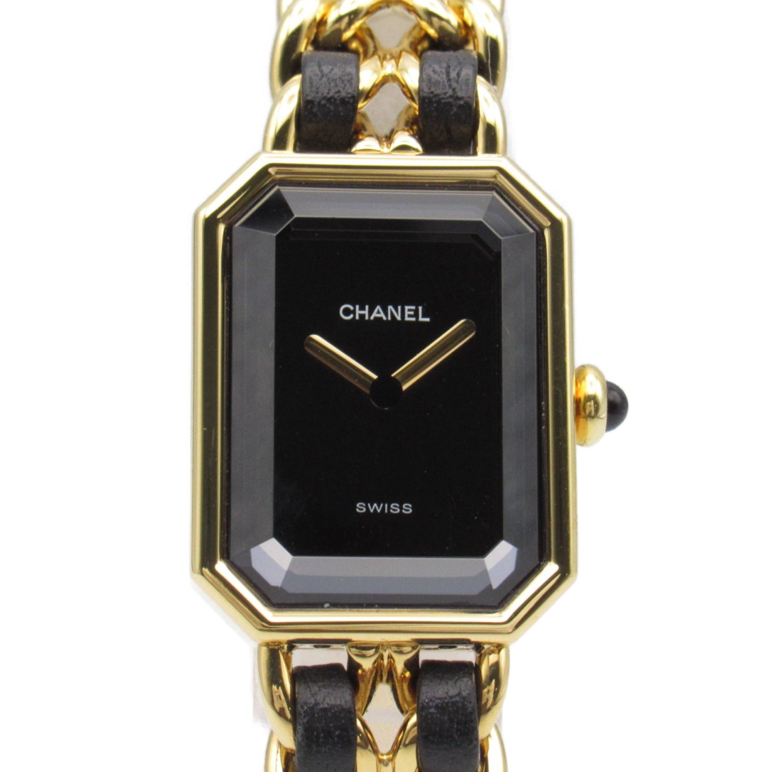 CHANEL Premiere L鍍金/皮革帶手錶石英機芯黑色