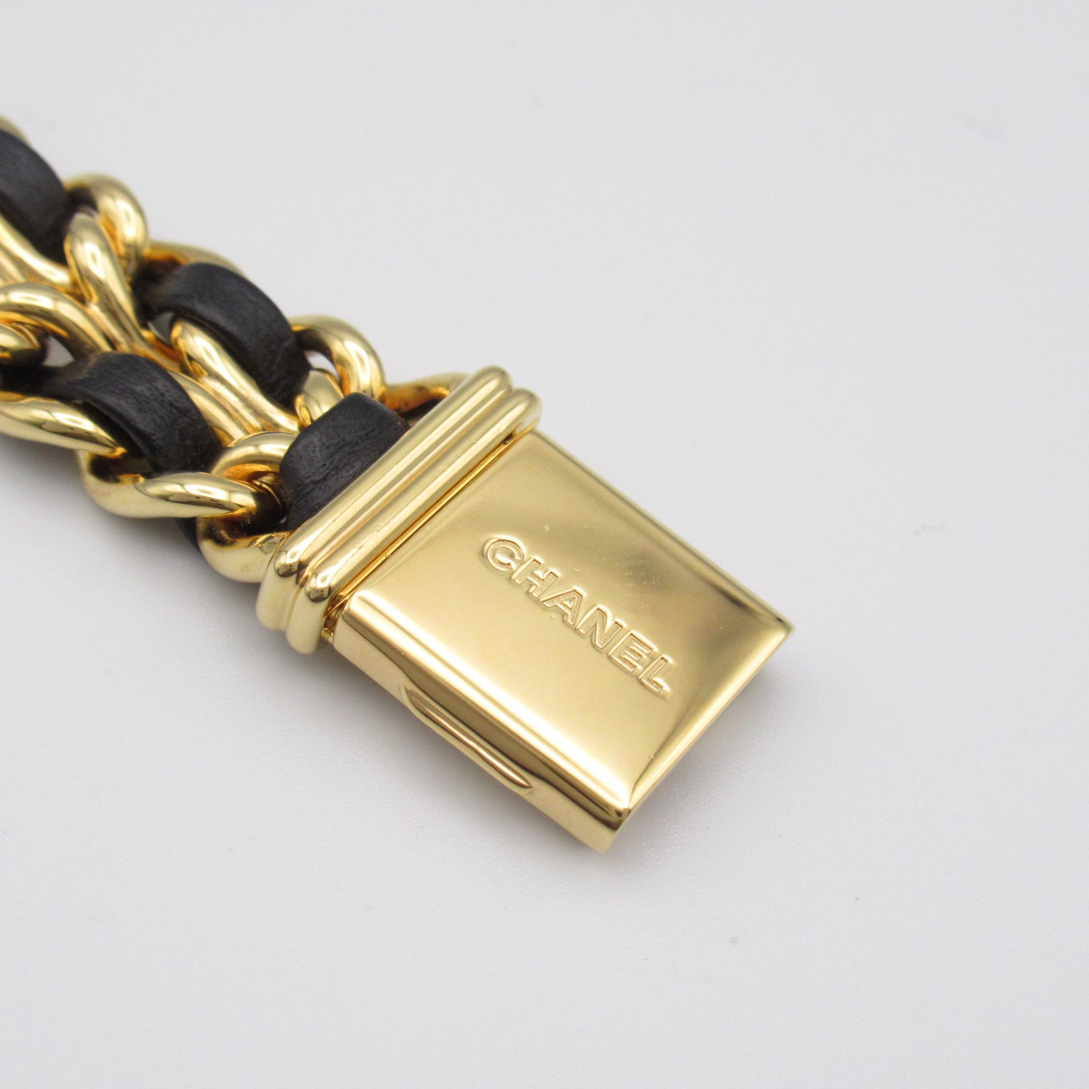 CHANEL Premiere L鍍金/皮革帶手錶石英機芯黑色