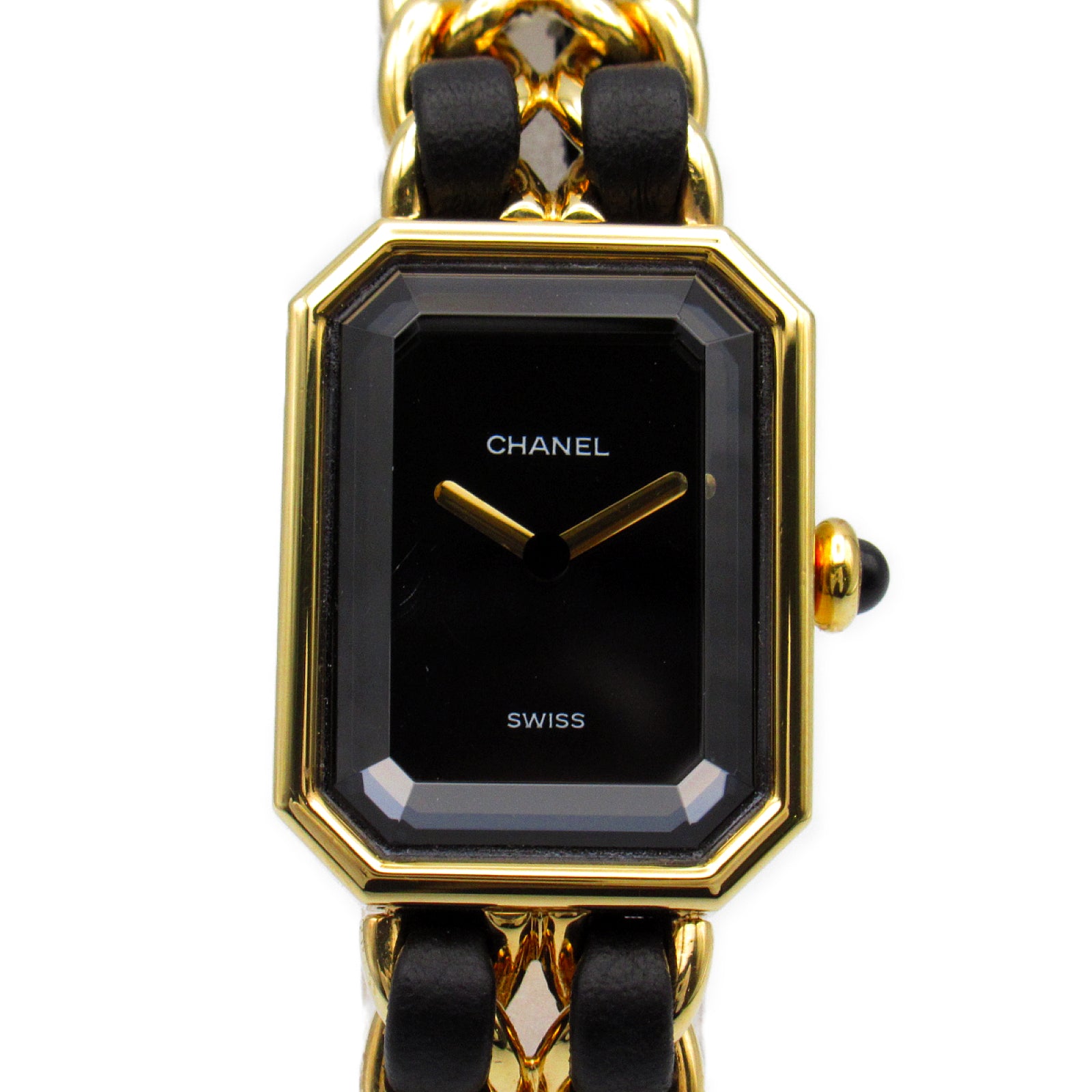 CHANEL Premiere L鍍金/皮革帶手錶石英機芯黑色