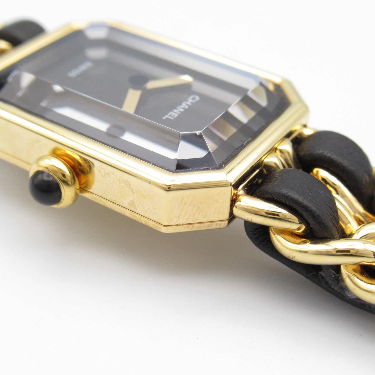 CHANEL Premiere L鍍金/皮革帶手錶石英機芯黑色