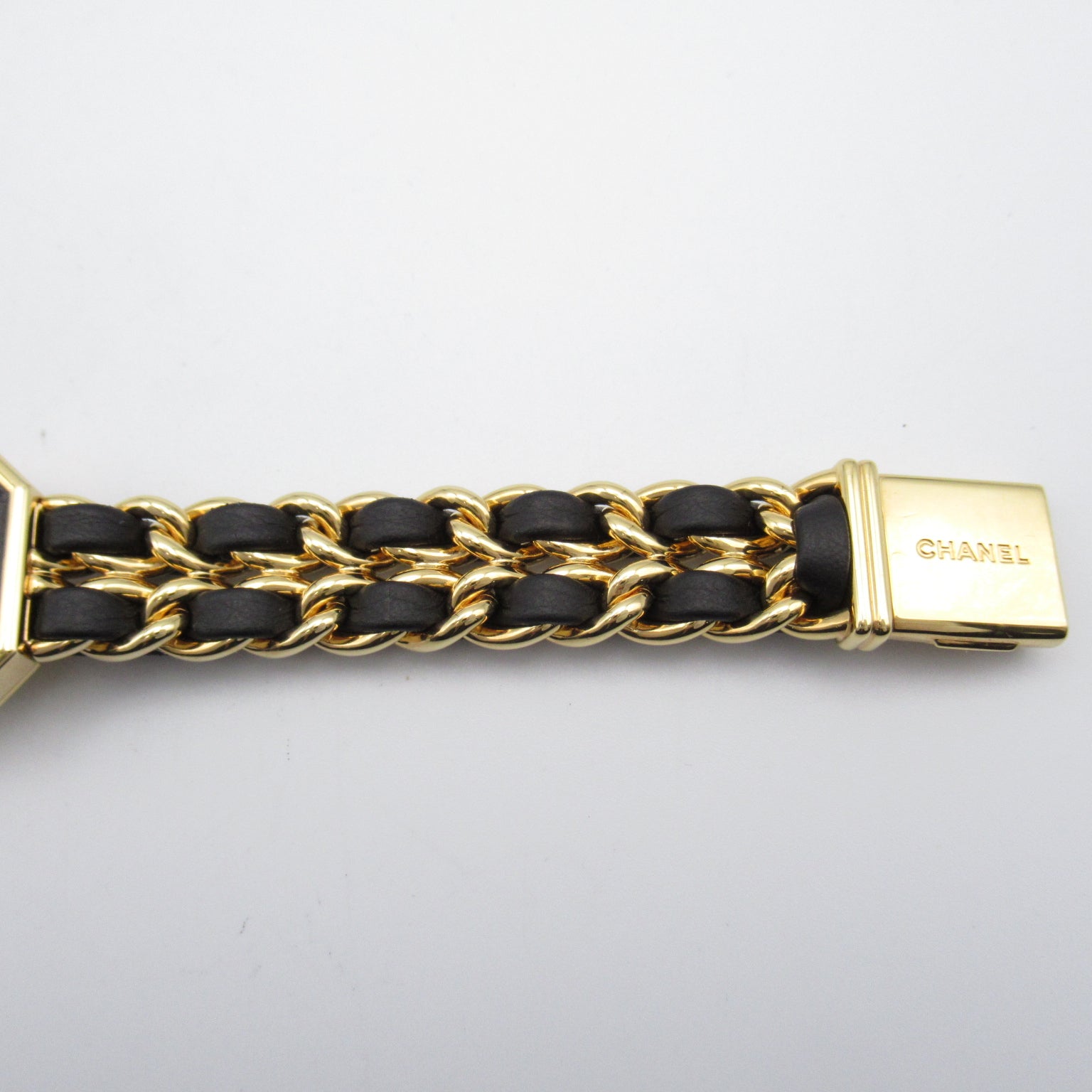 CHANEL Premiere L鍍金/皮革帶手錶石英機芯黑色