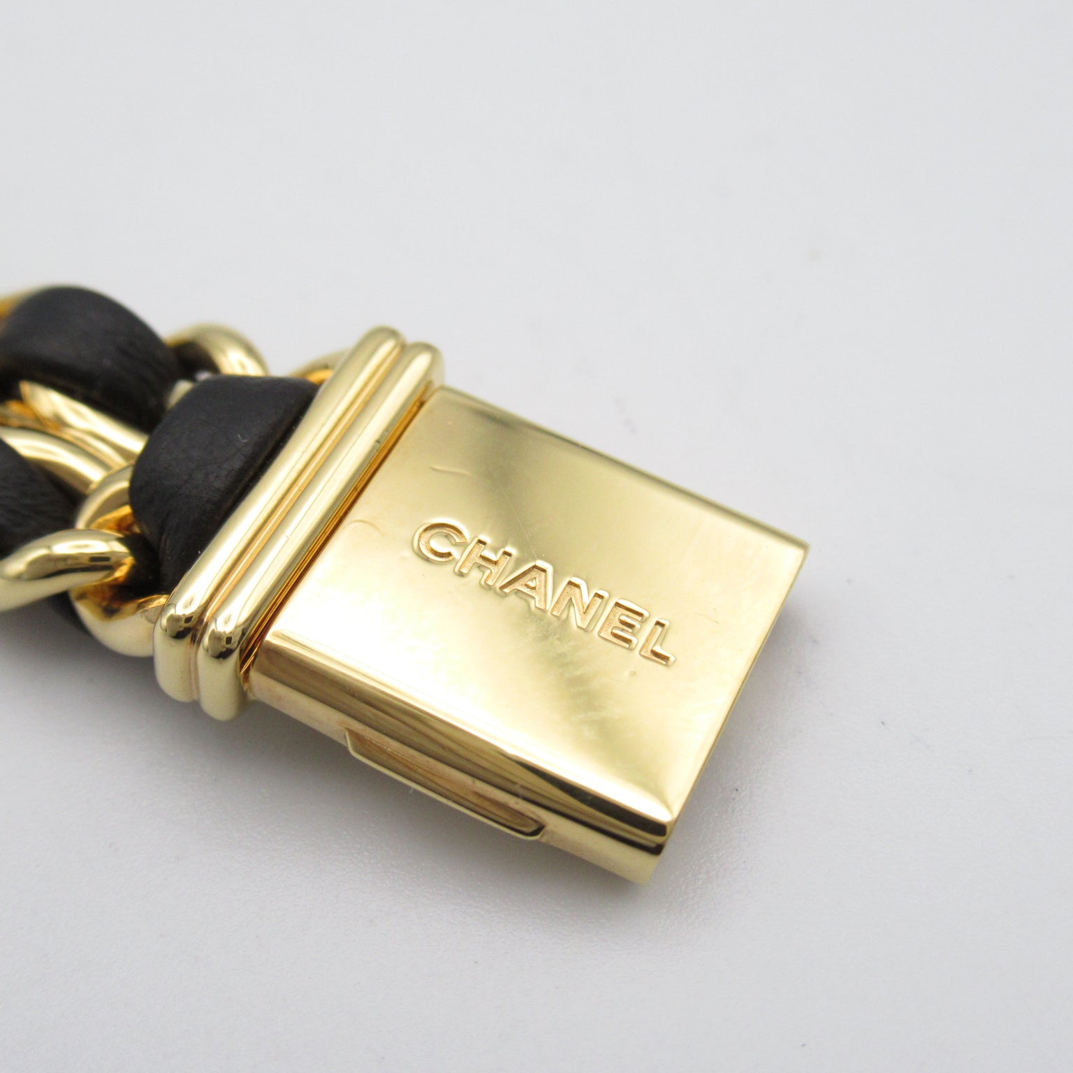 CHANEL Premiere L鍍金/皮革帶手錶石英機芯黑色