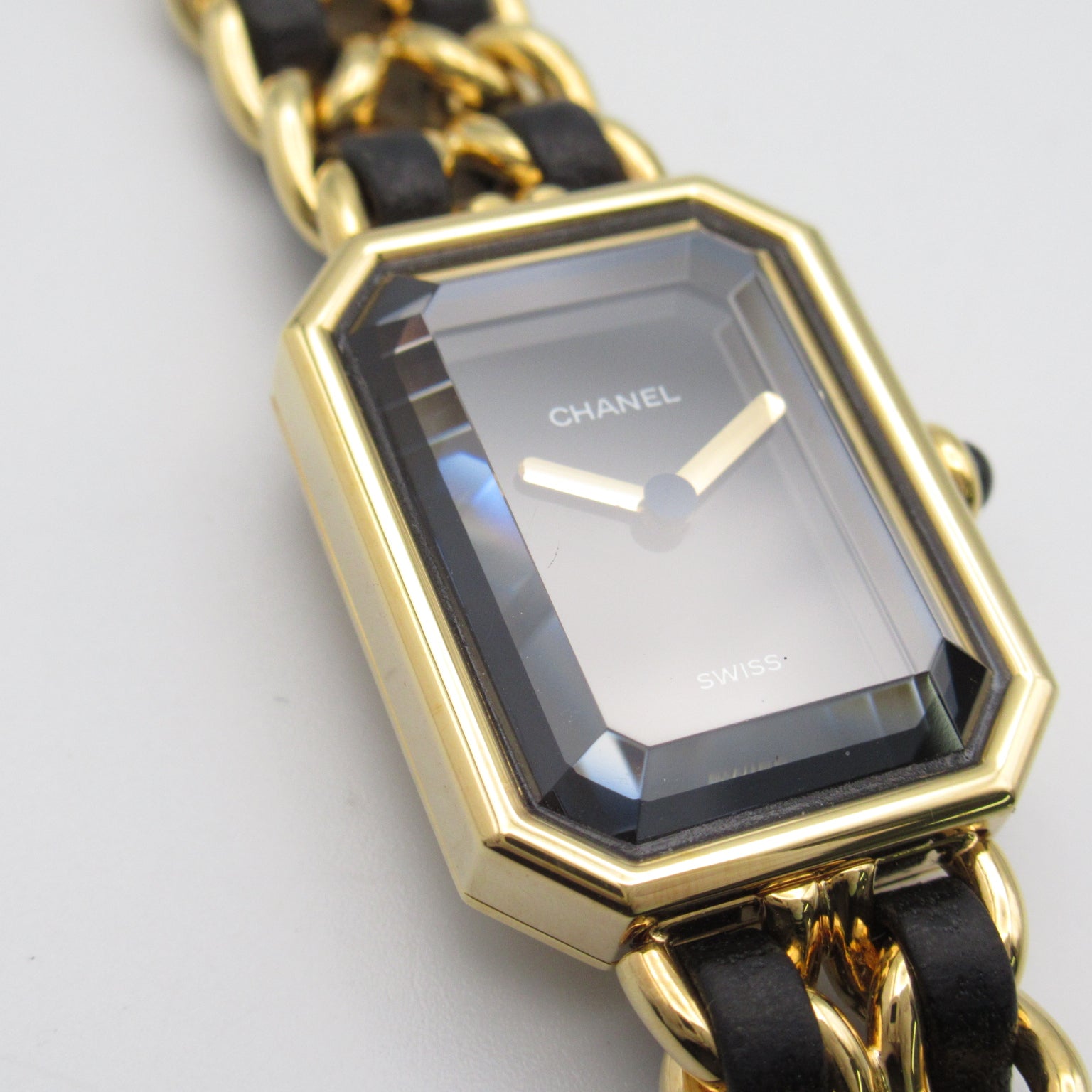 CHANEL Premiere L鍍金/皮革帶手錶石英機芯黑色