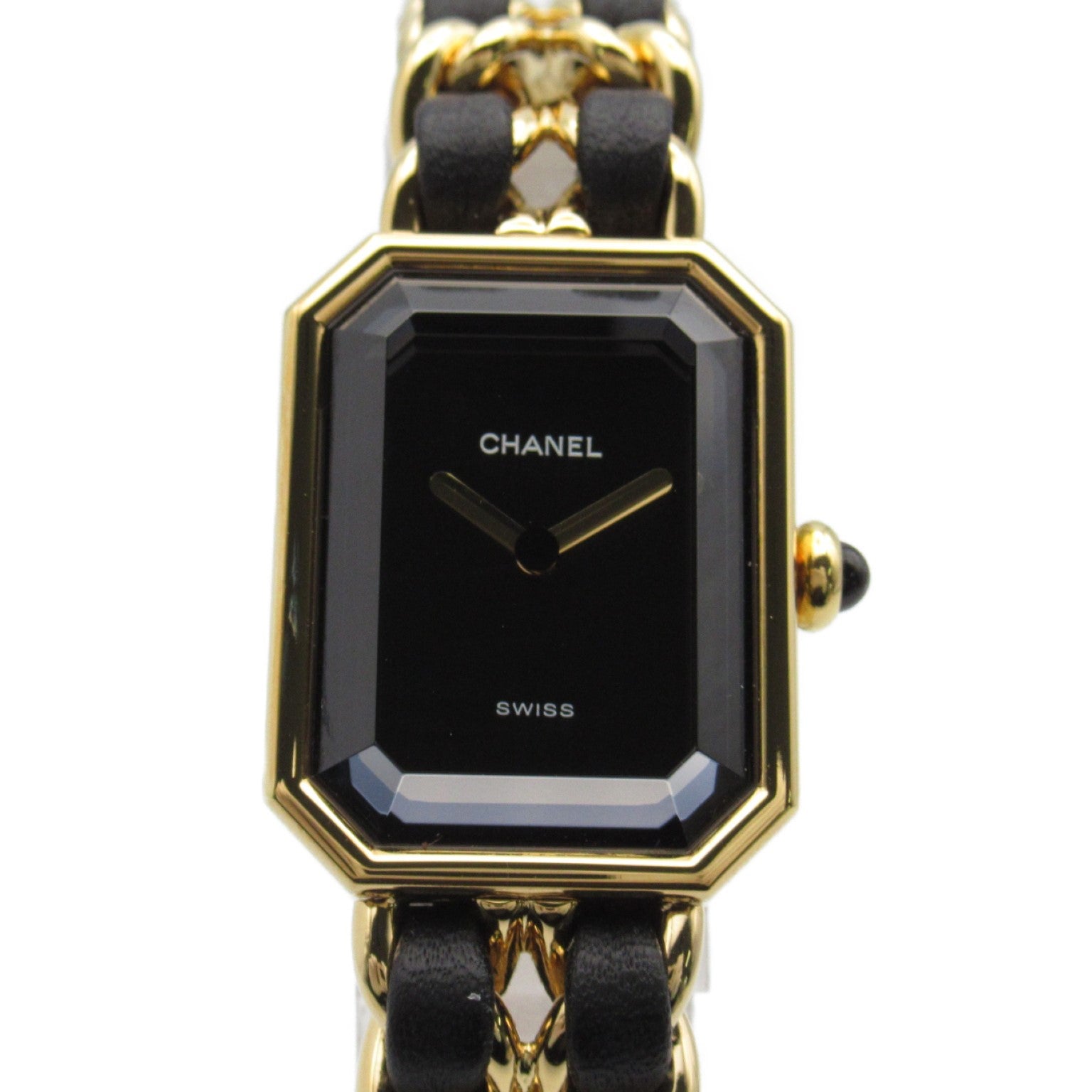 CHANEL Premiere L鍍金/皮革帶手錶石英機芯黑色