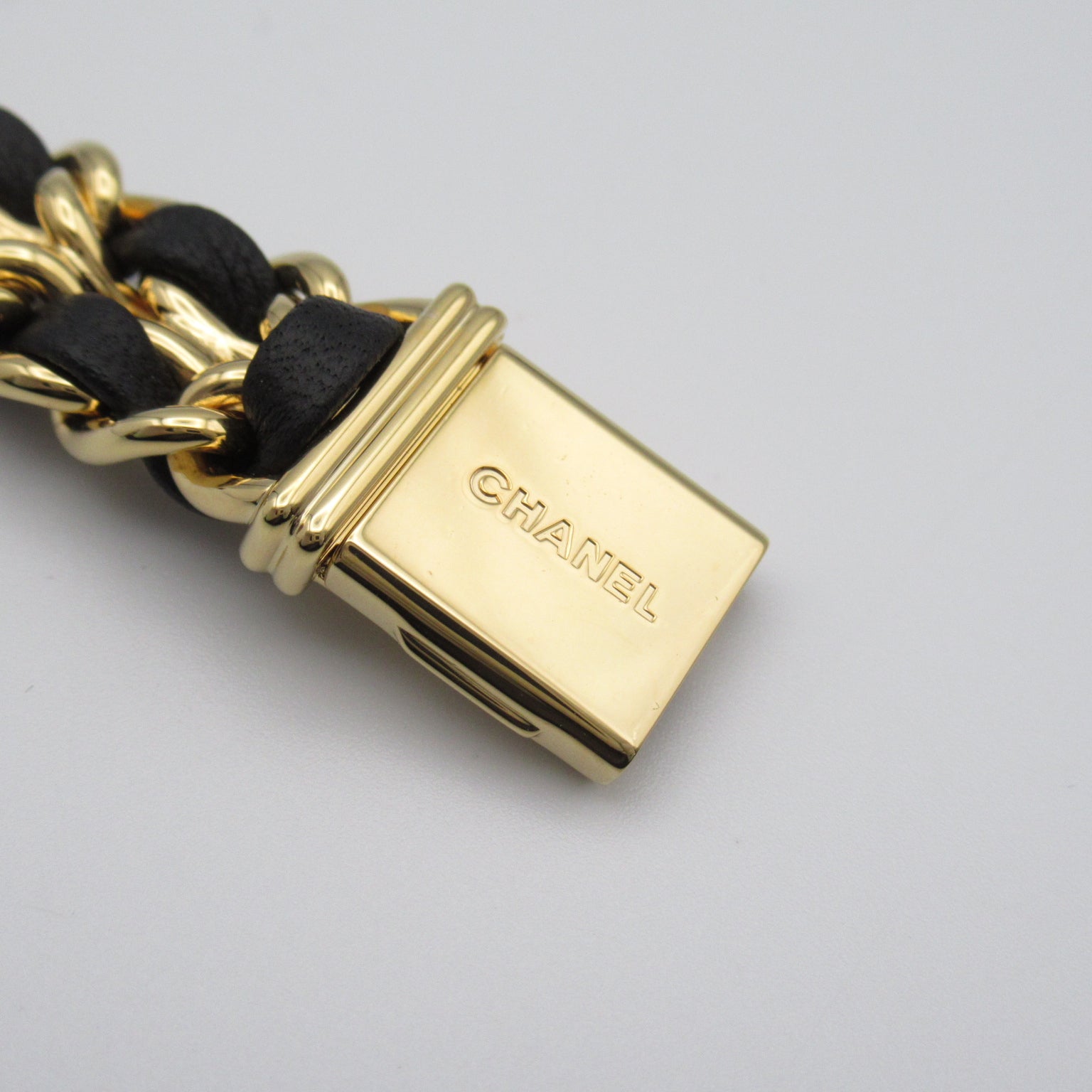 CHANEL Premiere L鍍金/皮革帶手錶石英機芯黑色