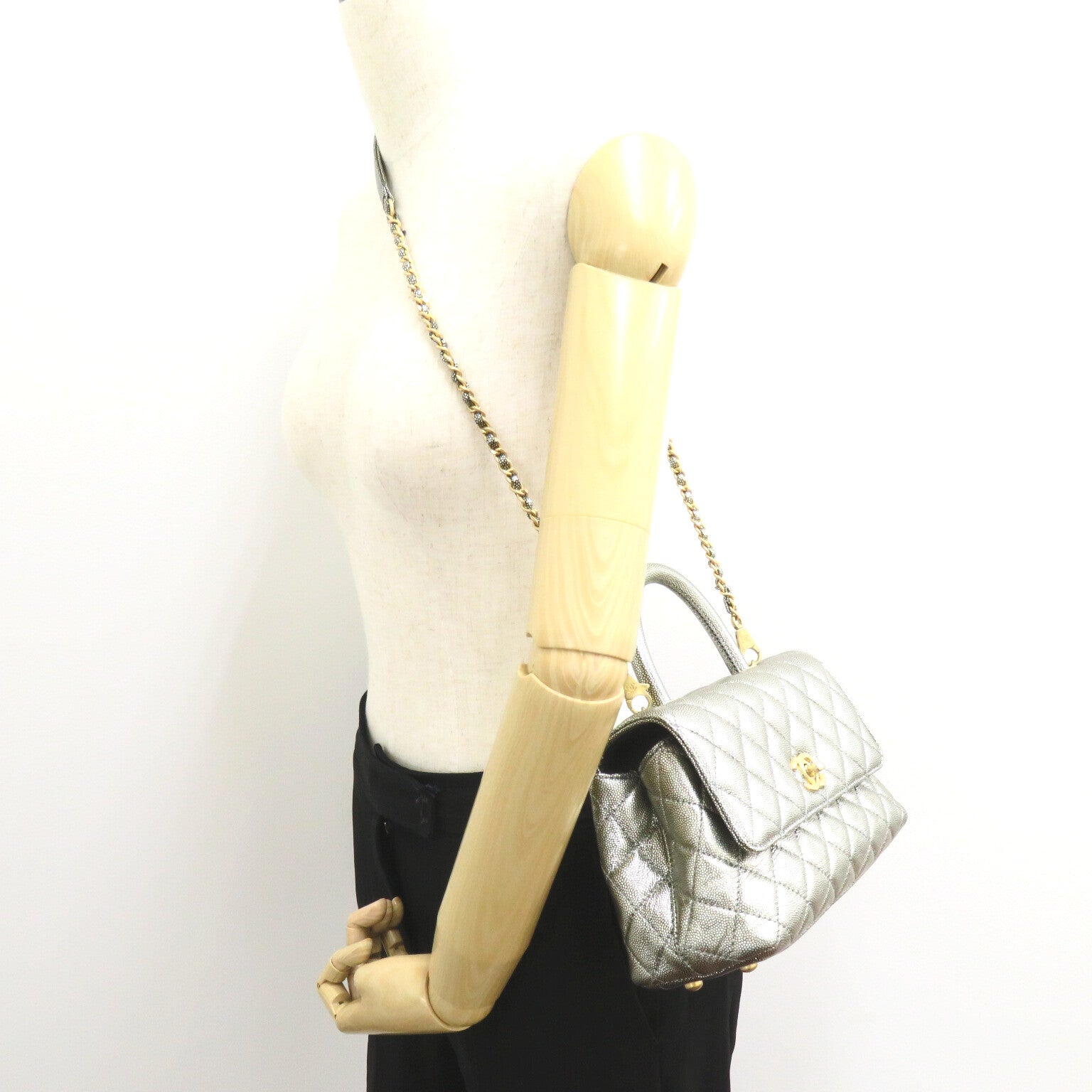 CHANEL 【激減優惠】菱格Caviar皮革Matelasse Chain Shoulder 23金扣手挽肩背兩用袋灰色