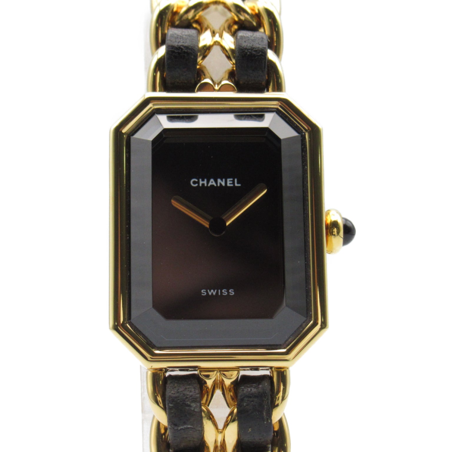 CHANEL Premiere L鍍金/皮革手錶石英機芯黑色#16.25cm
