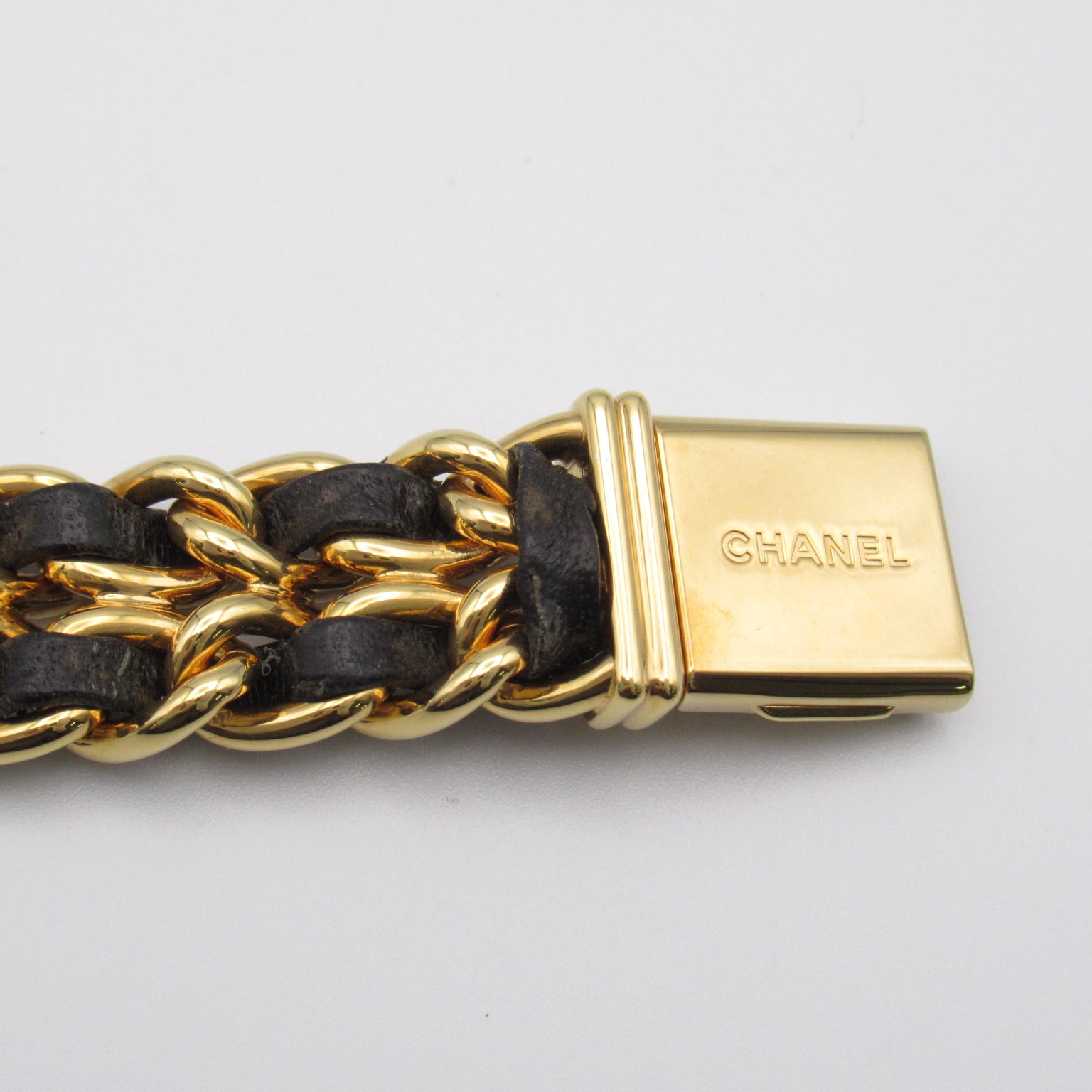 CHANEL Premiere L鍍金/皮革手錶石英機芯黑色#16.25cm
