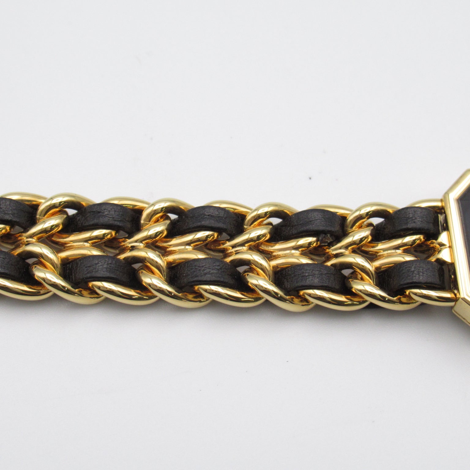 CHANEL Premiere L鍍金/皮革手錶石英機芯黑色#16.25cm