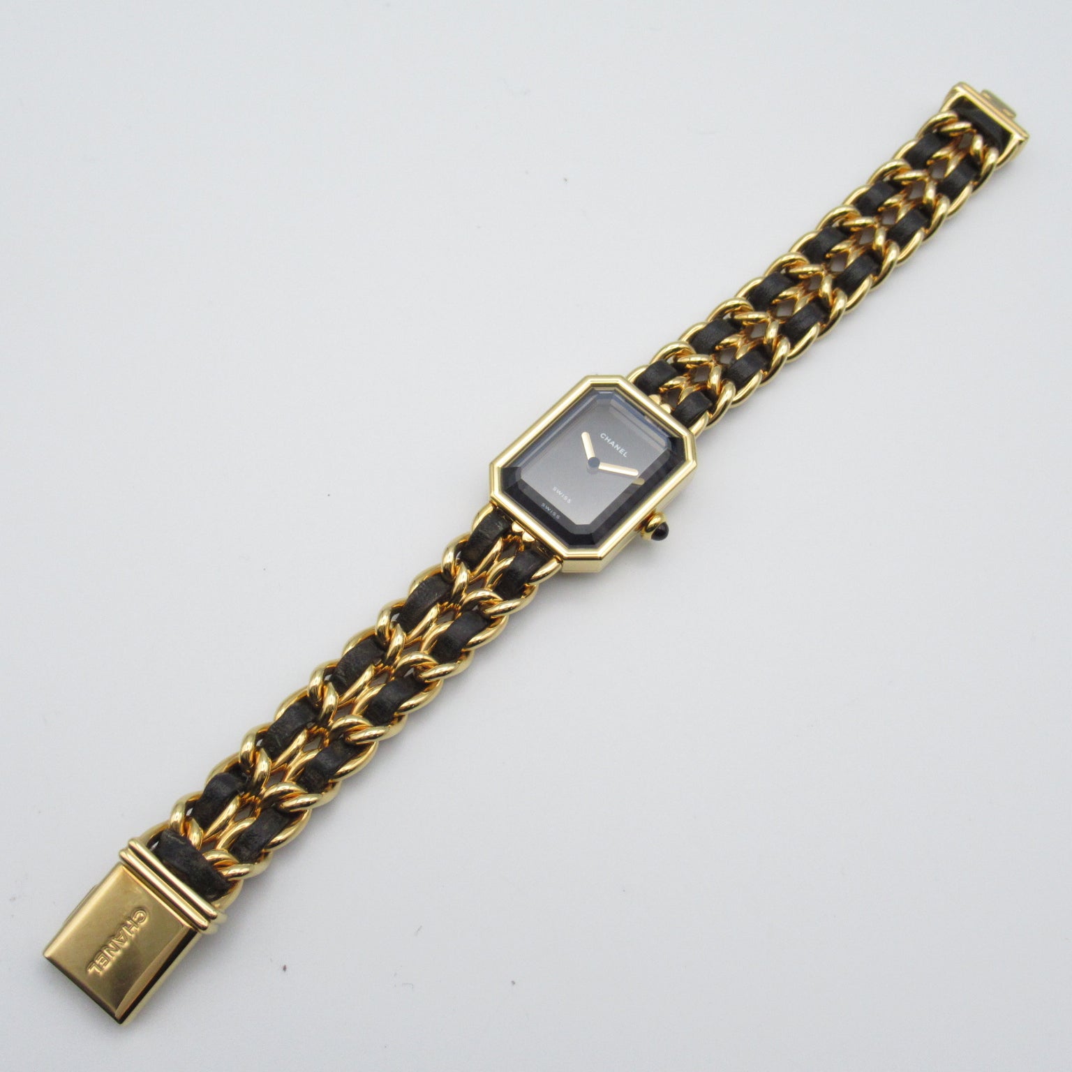 CHANEL Premiere L鍍金/皮革手錶石英機芯黑色#16.25cm