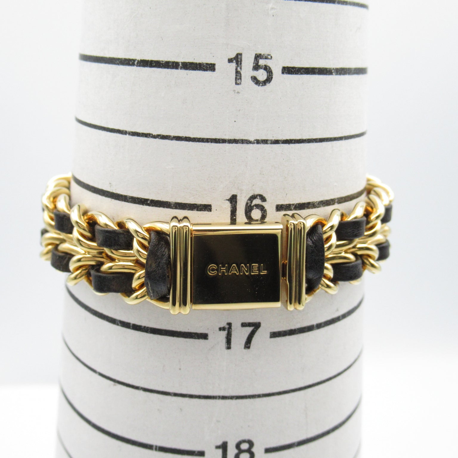 CHANEL Premiere L鍍金/皮革手錶石英機芯黑色#16.25cm