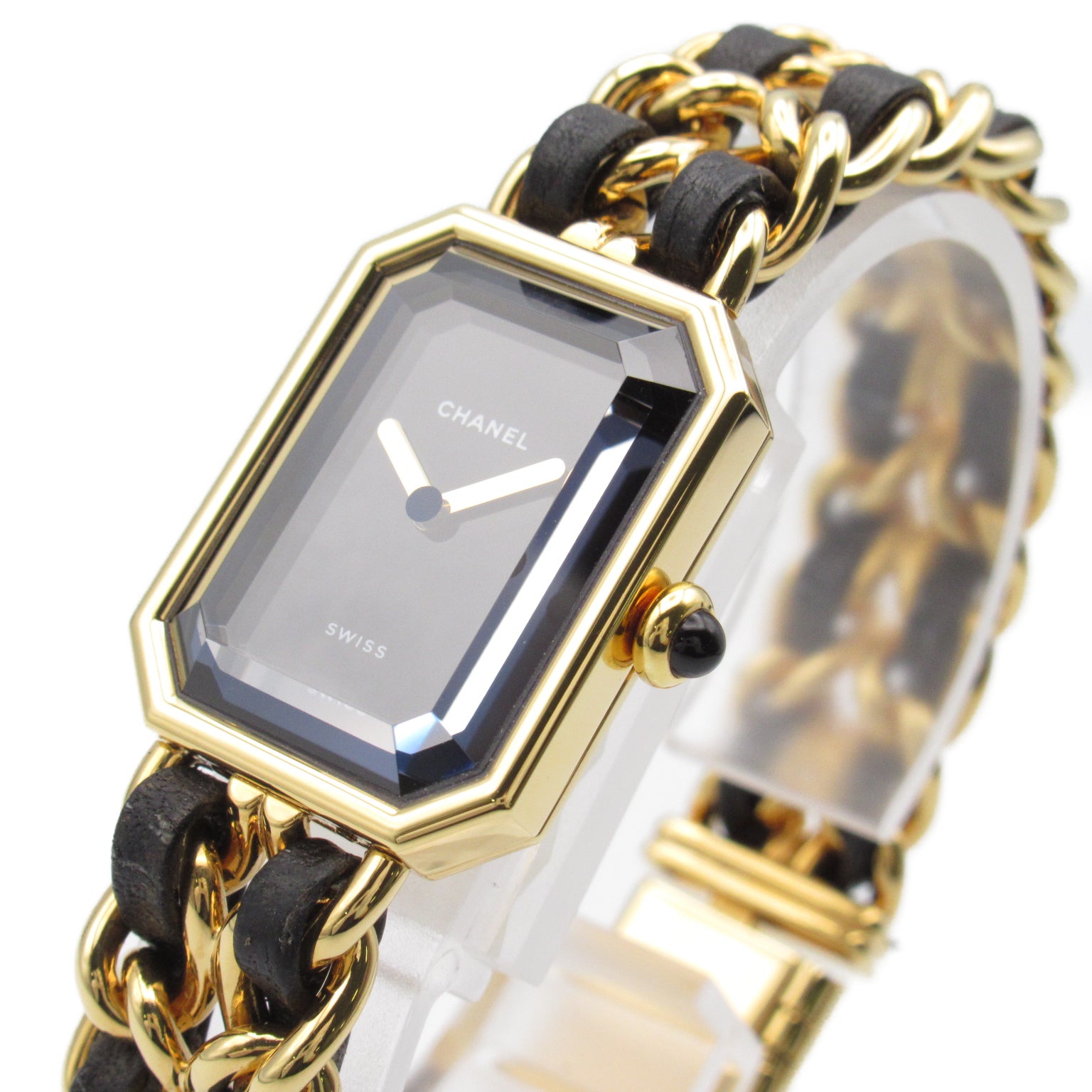CHANEL Premiere L鍍金/皮革手錶石英機芯黑色#16.25cm