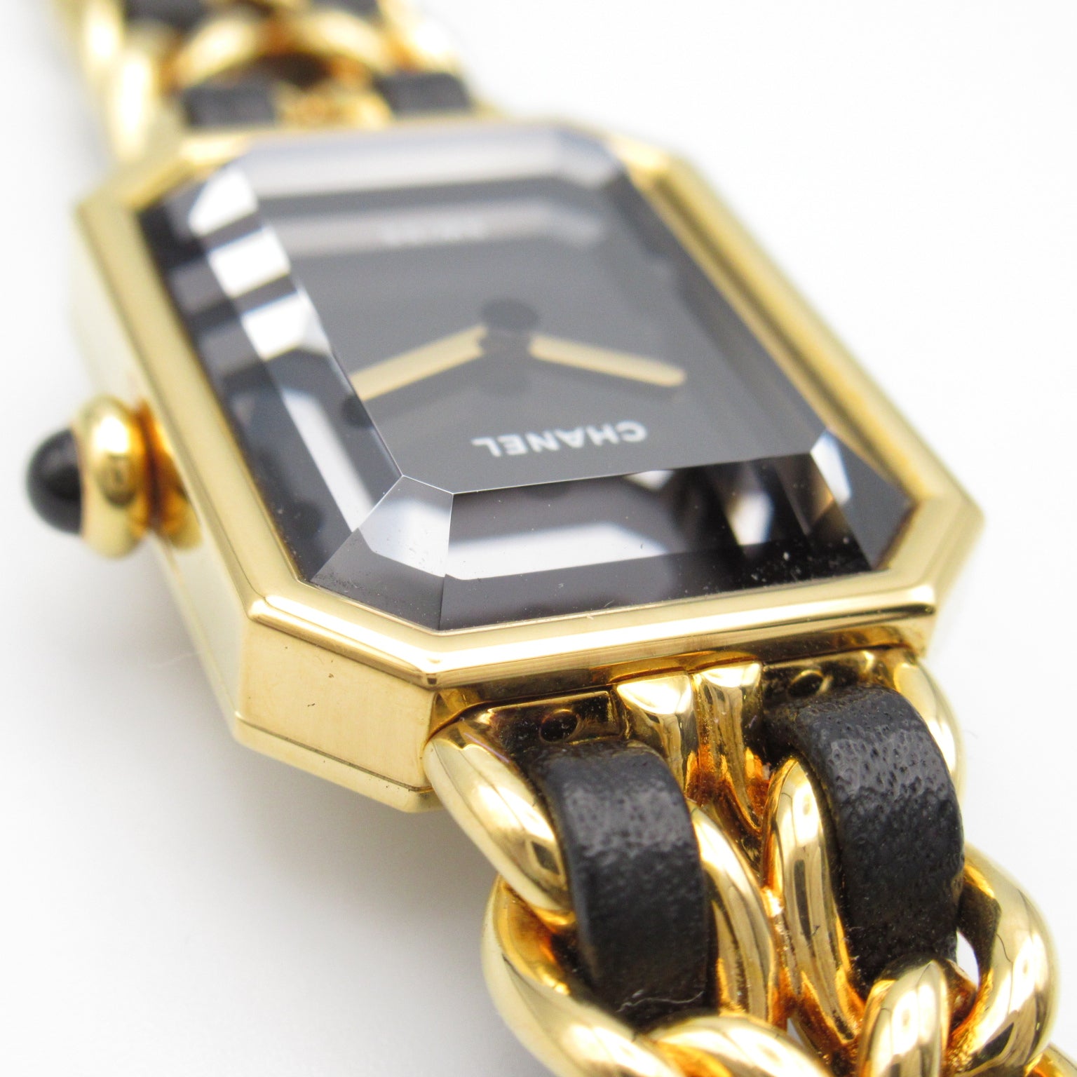 CHANEL Premiere L鍍金/皮革帶手錶石英機芯黑色