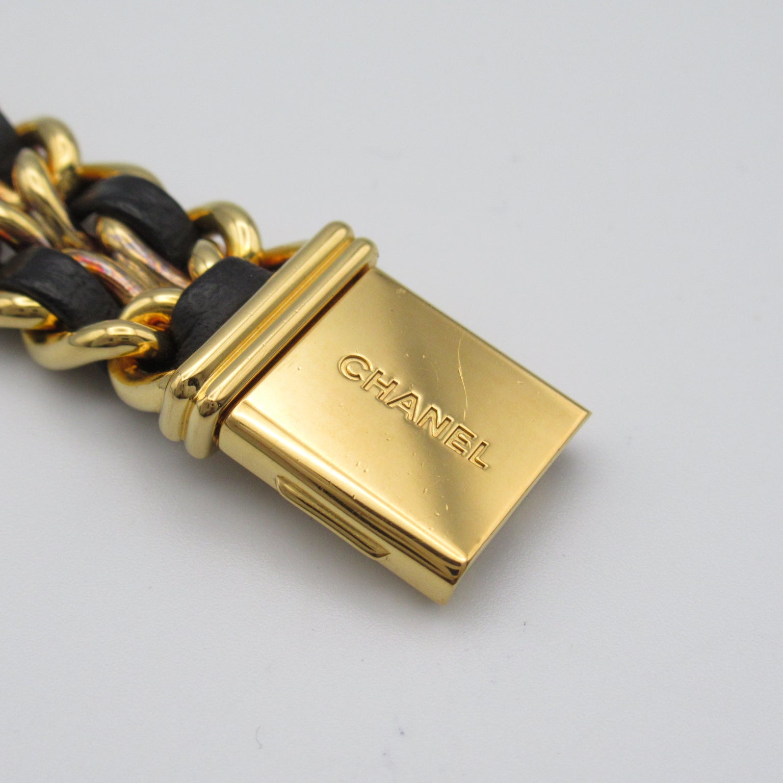 CHANEL Premiere L鍍金/皮革帶手錶石英機芯黑色