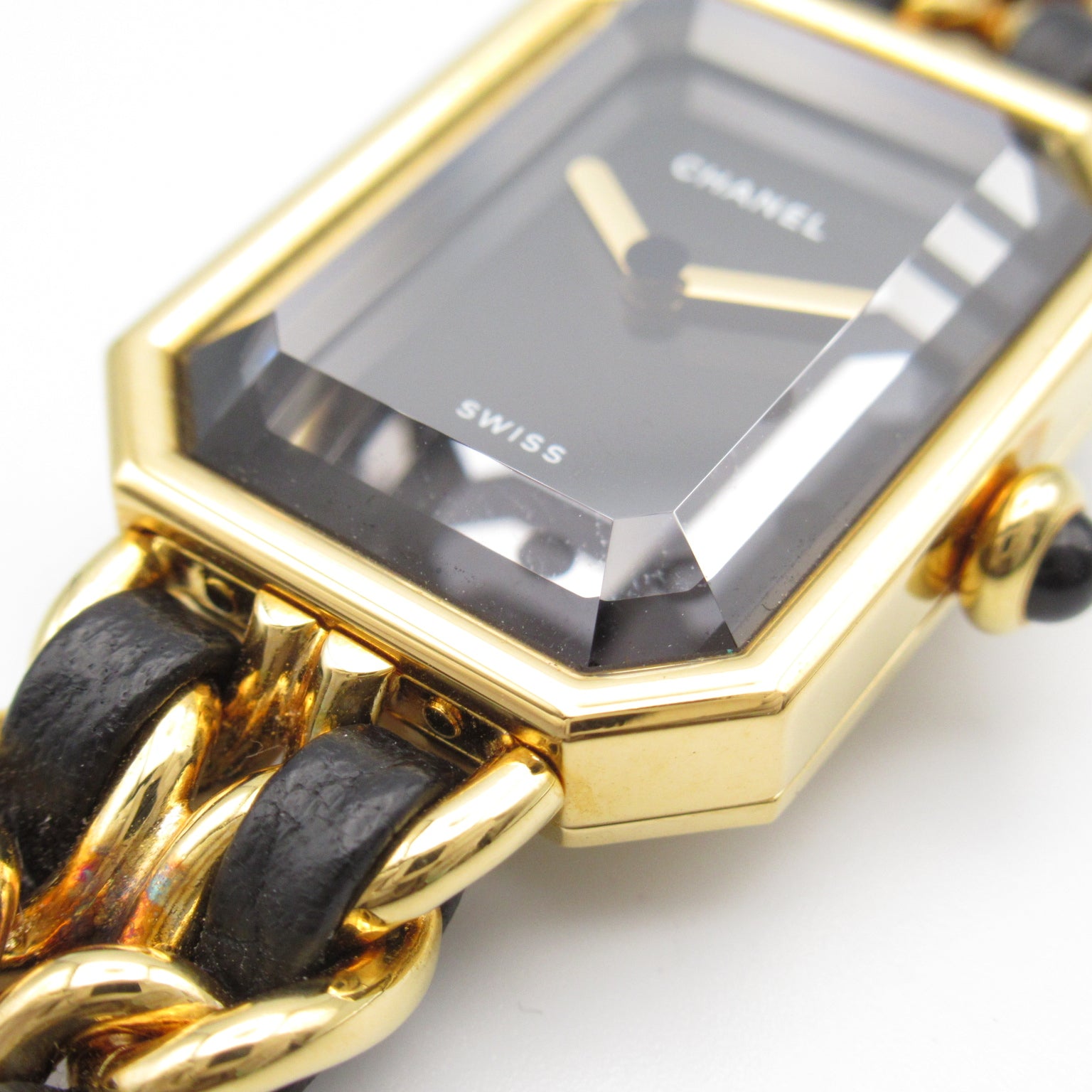 CHANEL Premiere L鍍金/皮革帶手錶石英機芯黑色