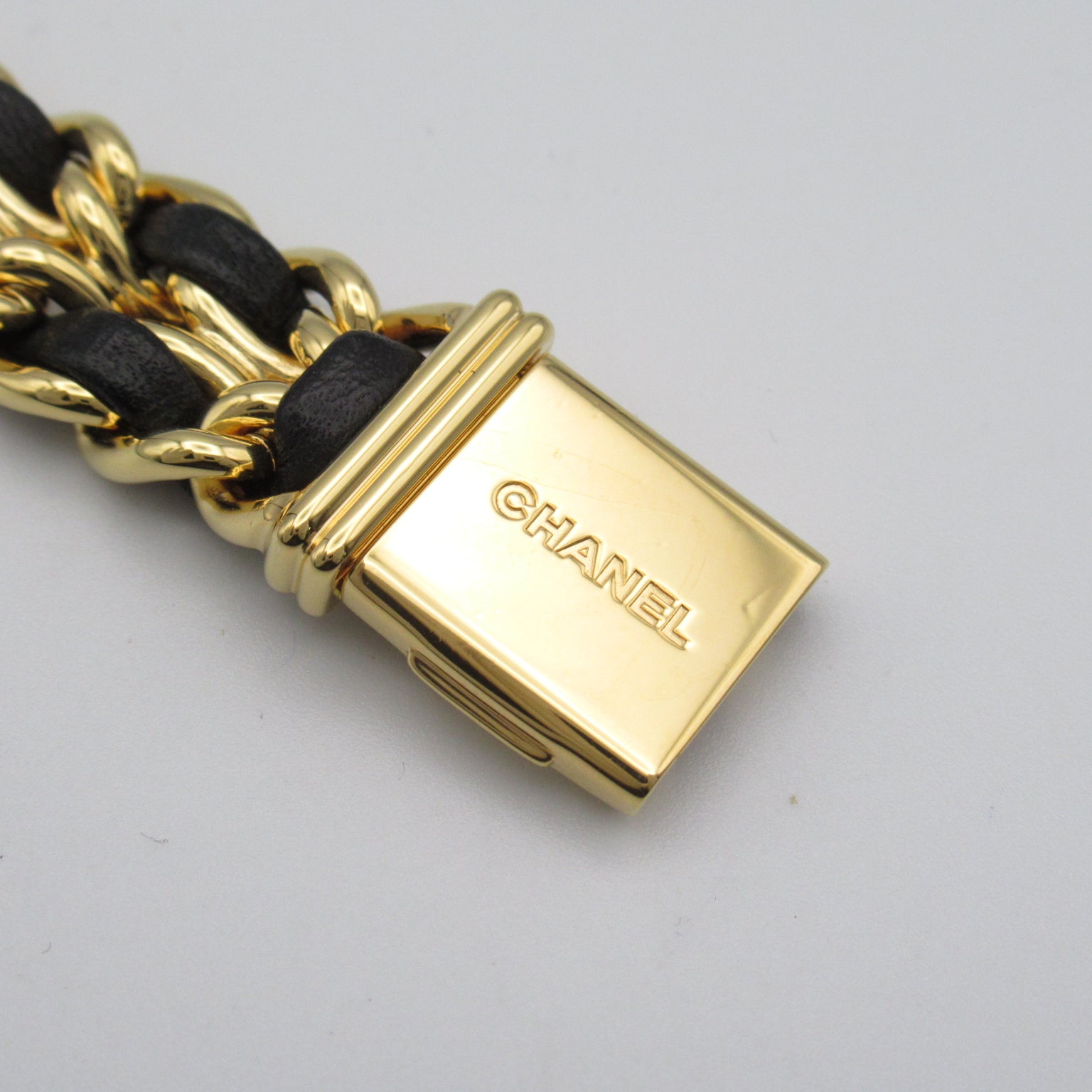 CHANEL Premiere L鍍金/皮革帶手錶石英機芯黑色