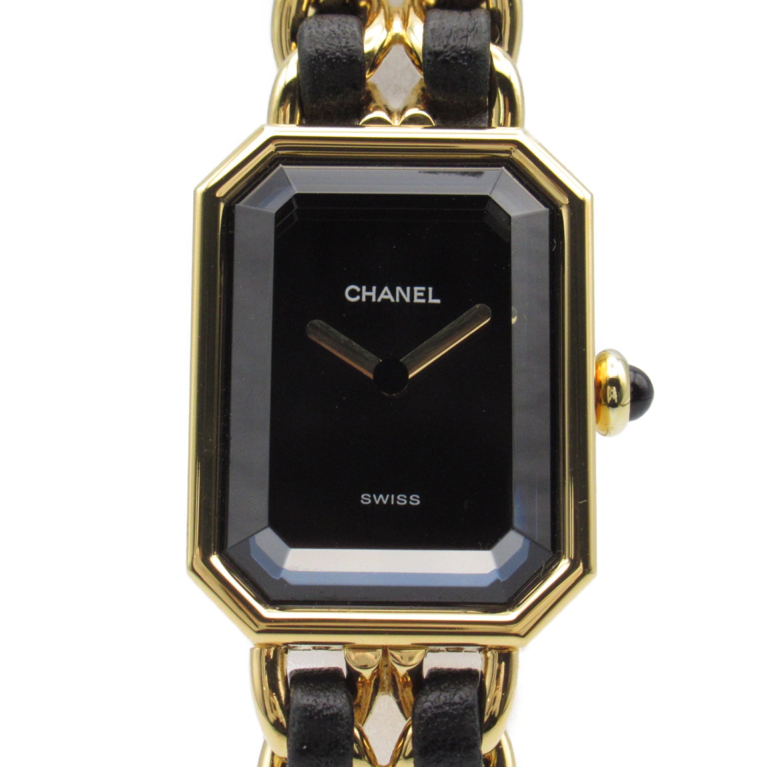 CHANEL Premiere L鍍金/皮革帶手錶石英機芯黑色
