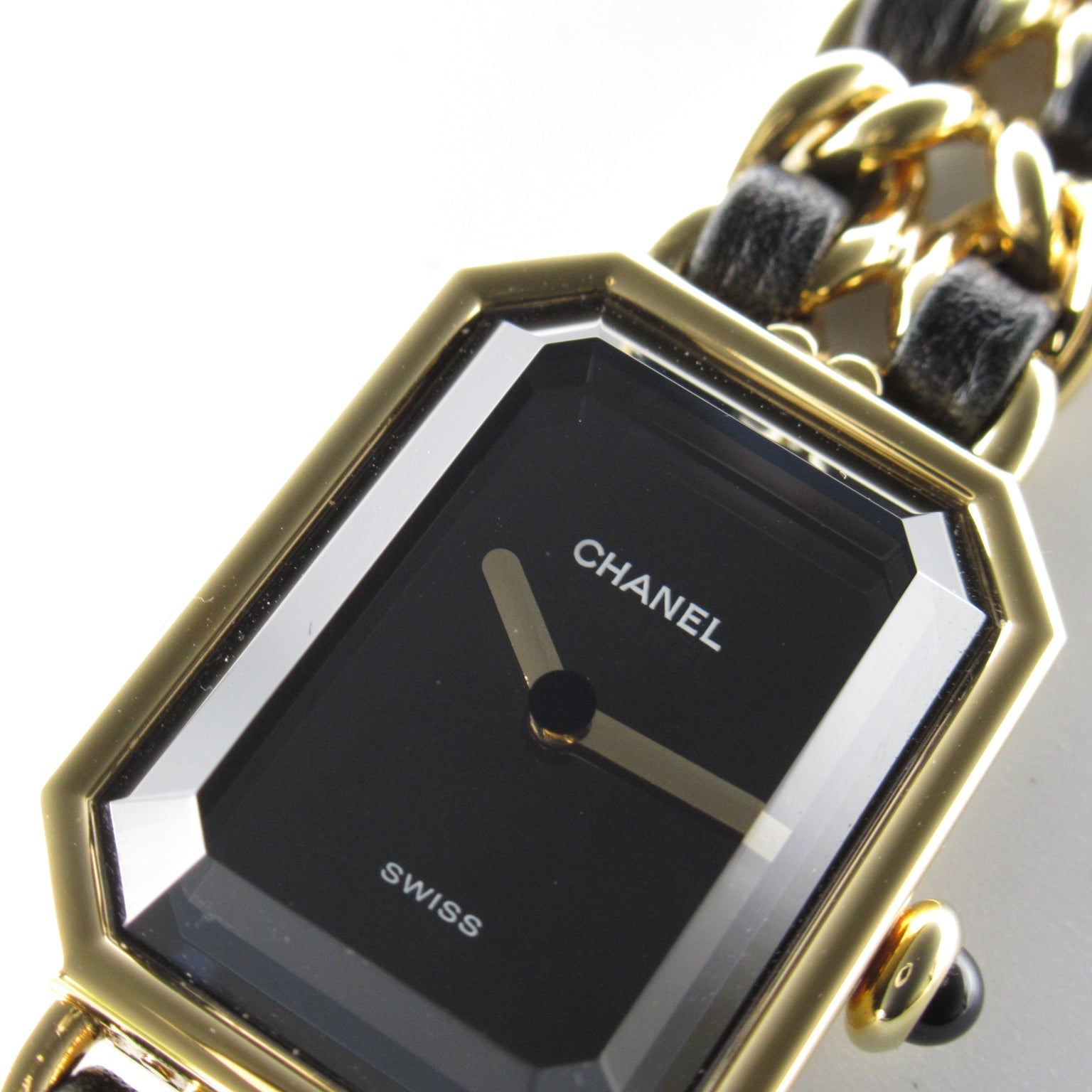 CHANEL Premiere L鍍金/皮革帶手錶石英機芯黑色
